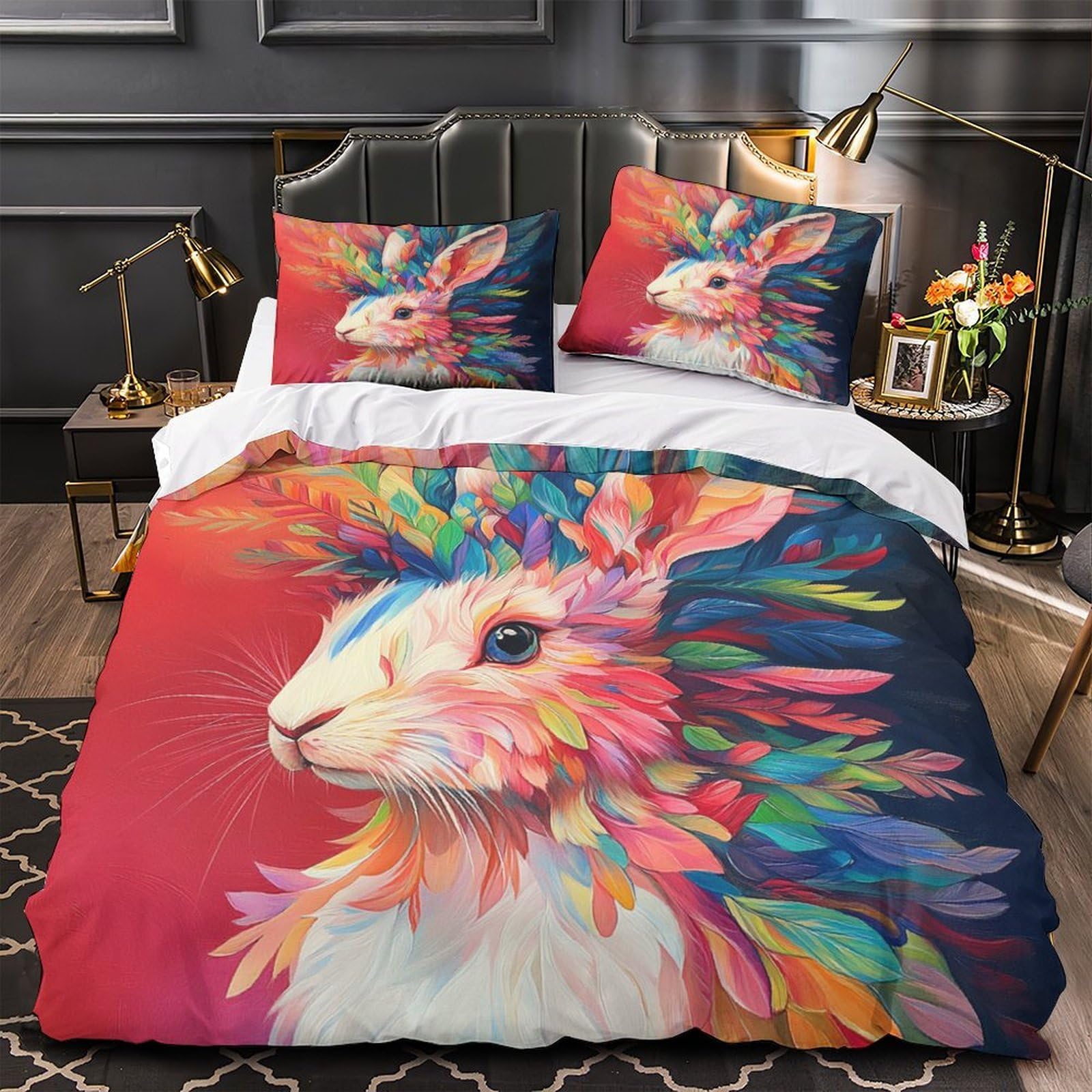 Housse de couette lapin coloré 3D anti-tache sans repassage pour grand lit de couple 260x220 cm