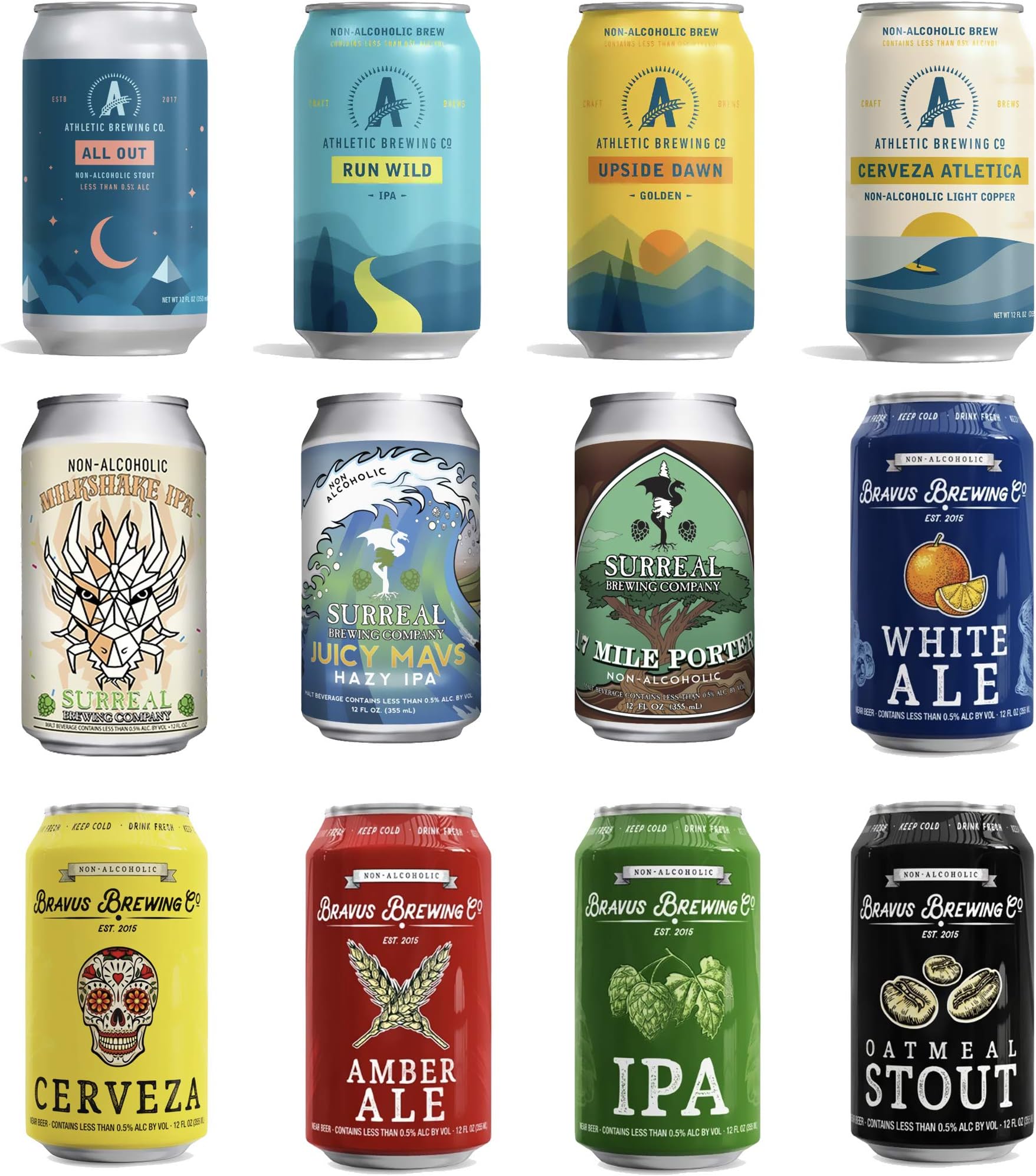 [12 Variety Pack] Bravus + Surreal + Athletic Brewing, Non-Alcoholic Beer Beverage Gift Combo