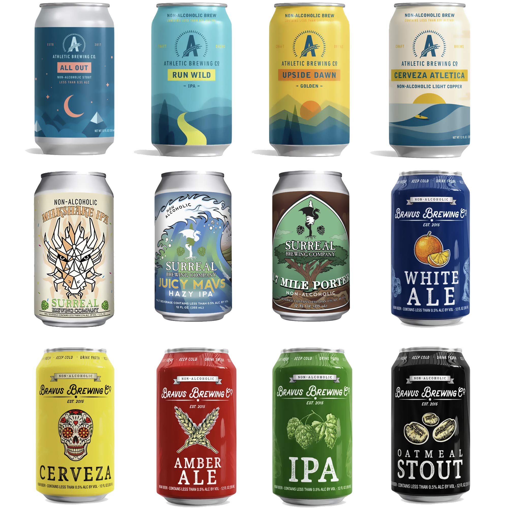 [12 Variety Pack] Bravus + Surreal + Athletic Brewing, Non-Alcoholic Beer Beverage Gift Combo