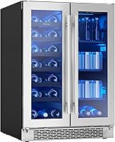Zephyr Brisas 24" Dual Zone Wine & Beverage Cooler - Freestanding French Door Fridge, 21 Bottles & 64 Cans Capacity