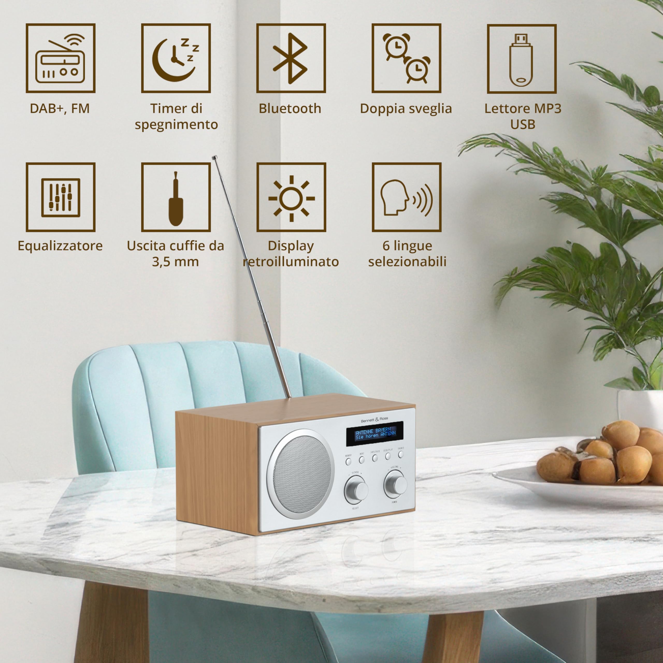 Bennett & Ross DAB-258 NT Vikedal Radio Digitale DAB+/FM - Streaming Bluetooth dallo Smartphone - Lettore USB MP3 e AUX - Doppia Sveglia con Snooze e Timer Di Spegnimento - Display LCD - Naturale