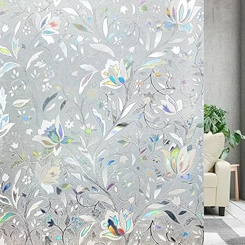 GREEWELT PVC Self Adhesive Heat Control Anti UV Flower 3D Privacy Film for Bathroom Door Window (170 X 41 CM, White)