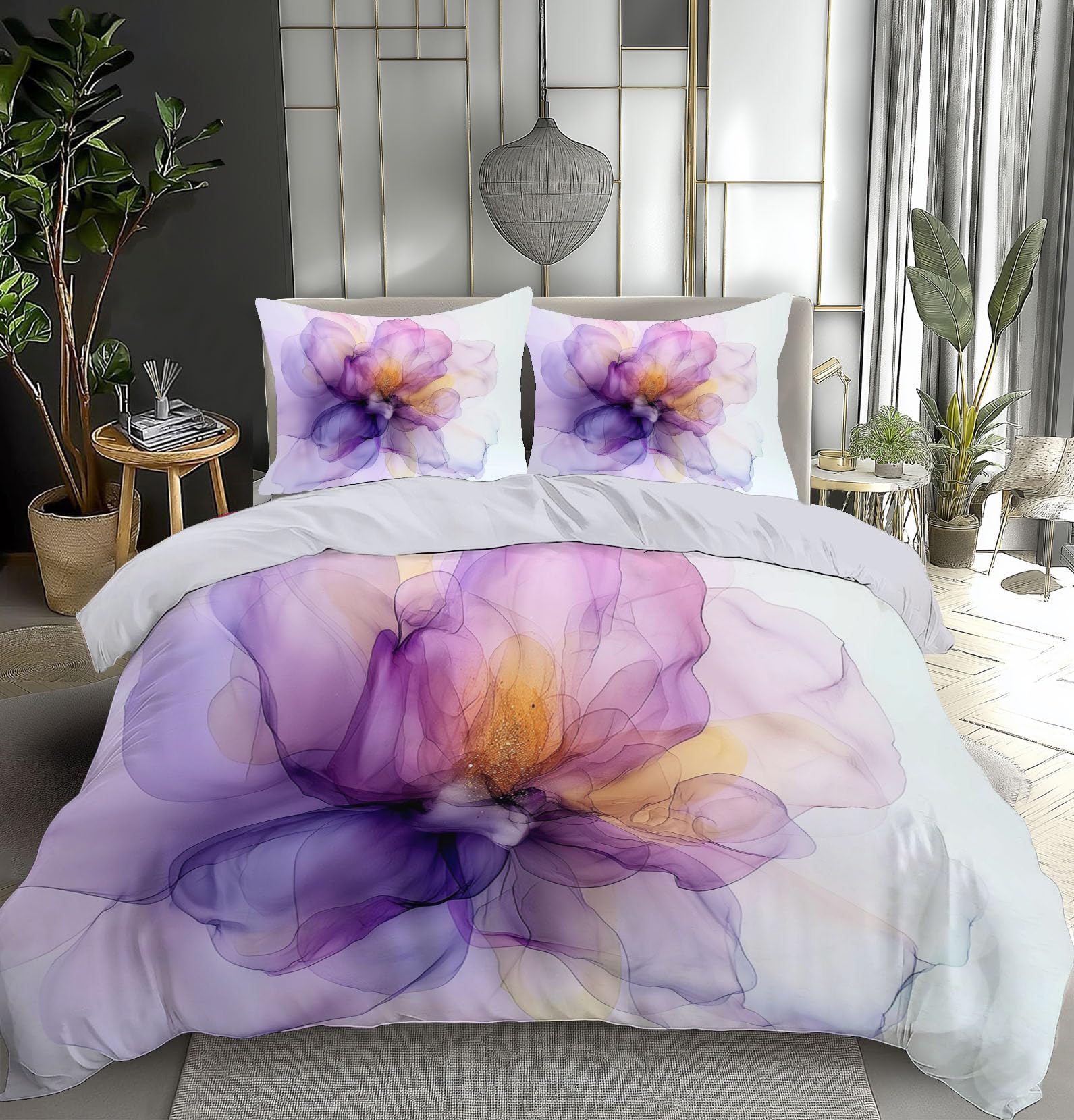 Parure housse de couette 200x200 dégradé fleurs mauve aquarelle