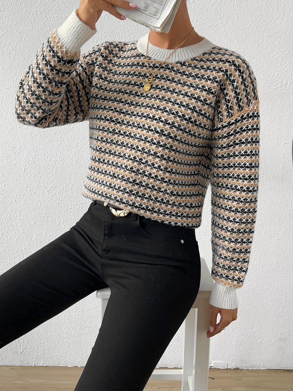 Women's Sweater Stripe Pattern Contrast Trim Drop Shoulder Sweater Sweater for Women (Color : Multicolor, Size : Medium)