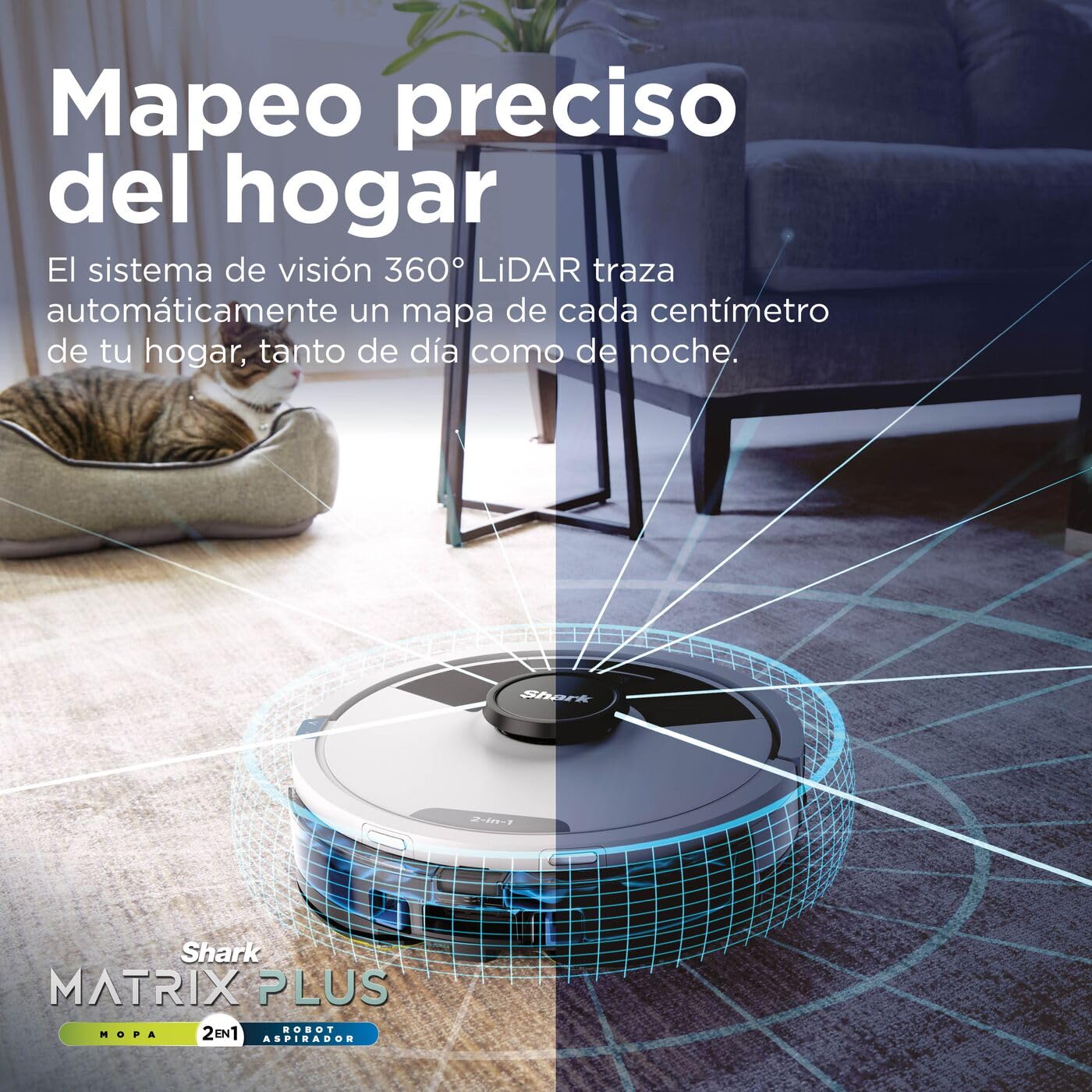 Shark Matrix Plus, Robot Aspirador y Mopa 2 en 1, Blanco, RV2620WAEUWH | Vaciado Automático, Mapeo LiDAR y Tecnología CleanEdge, para Alfombras, Suelos y Pelo de Mascotas, Autocarga, WiFi/App