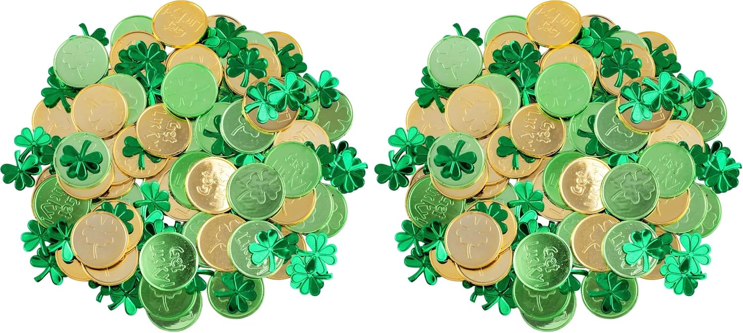 Whaline St Patricks Day Table Decorations, 100 Pcs Plastic Good Luck Coins and 1 Oz Shamrock Clover Confetti Table Sprinkles for Irish St Patricks Party Decoration Favors Supplies