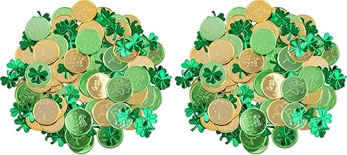 Whaline St Patricks Day Table Decorations, 100 Pcs Plastic Good Luck Coins and 1 Oz Shamrock Clover Confetti Table Sprinkles for Irish St Patricks Party Decoration Favors Supplies (Pack of 2)