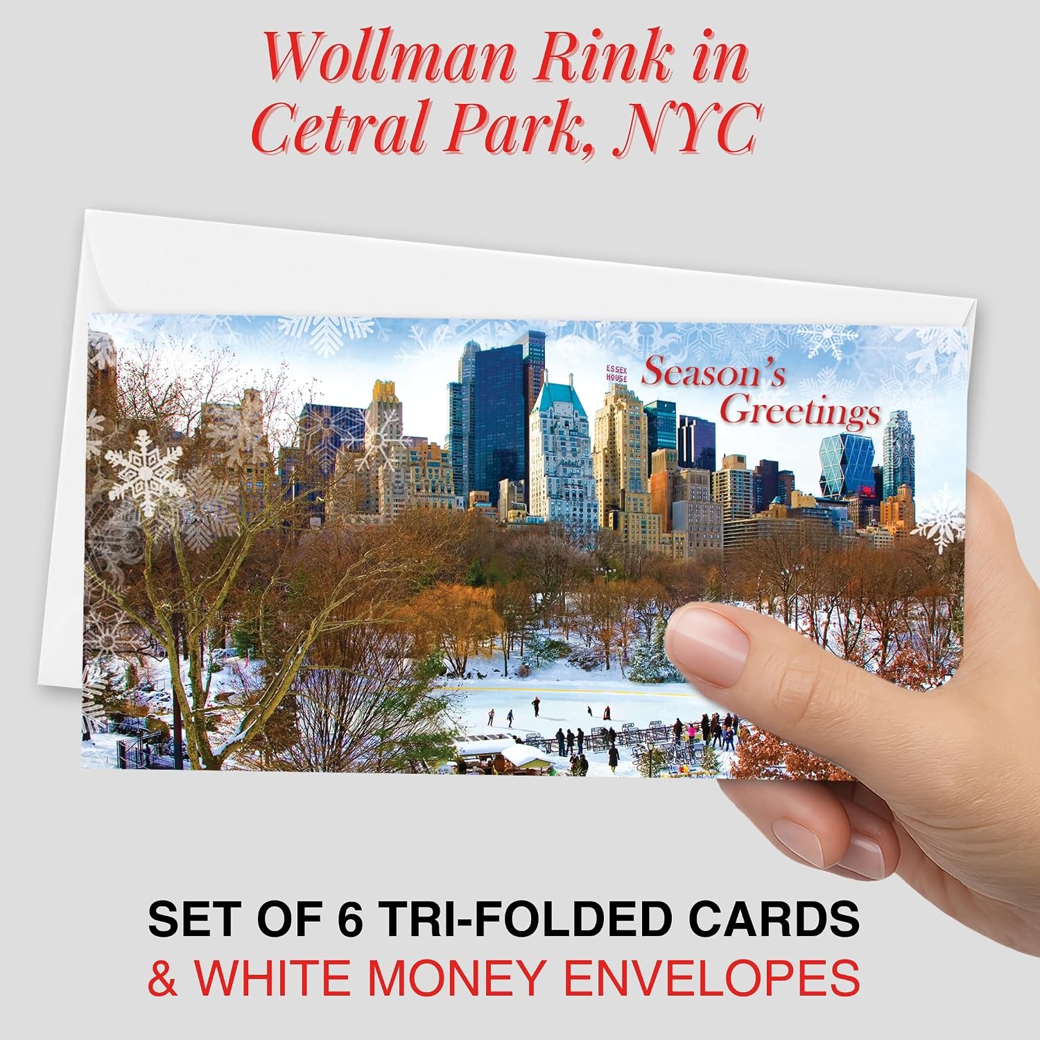 Wollman Rink Central Park New York City Holidays 6 1/4 x 3 1/4 Inch Money Greeting Cards Holders Set of 6 Cards and 6 Envelopes Unique Holidays in NYC Stationery Collection image 2