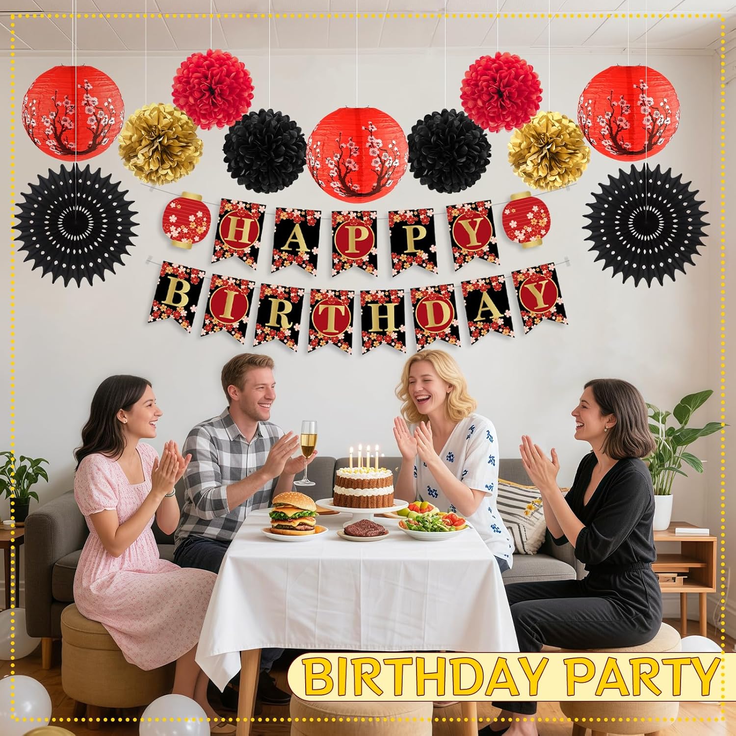 14Pcs Hibachi Party Decorations, Japanese Lanterns with Cherry Blossom Patterns Tissue Paper Pom Poms Circle Dots Garland Happy Birthday Banner Set for Japanese party decorations