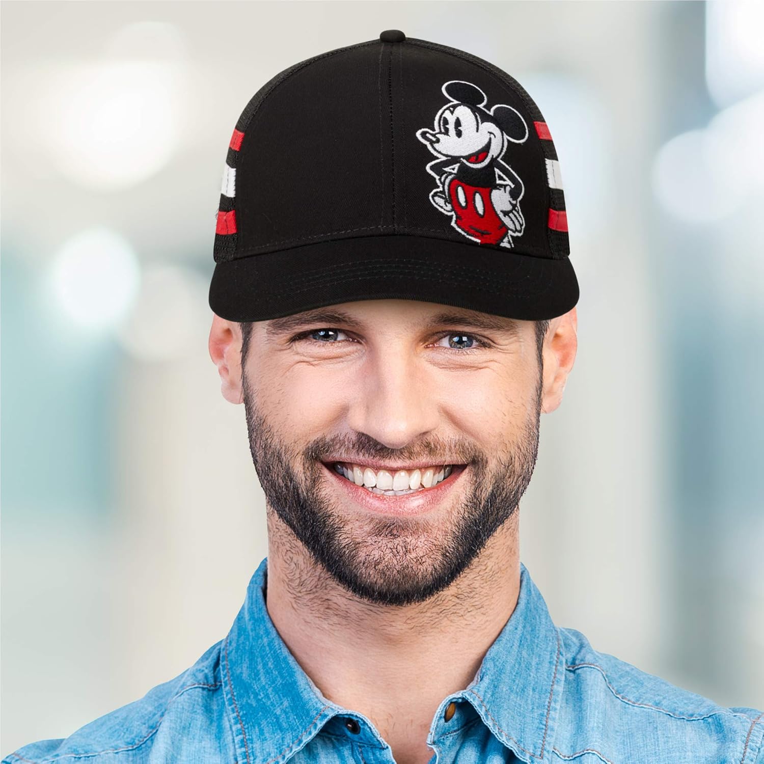 Disney Mickey Mouse Trucker Hat, Striped Snapback Baseball Cap for Men, Black, One Size