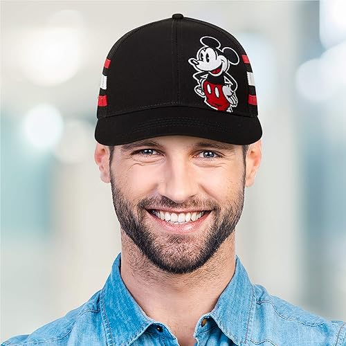 Vista 4 de Disney Sombrero de Mickey Mouse para hombre Gorra de béisbol con cierre a presión, sombrero de papá, Rayas Mickey