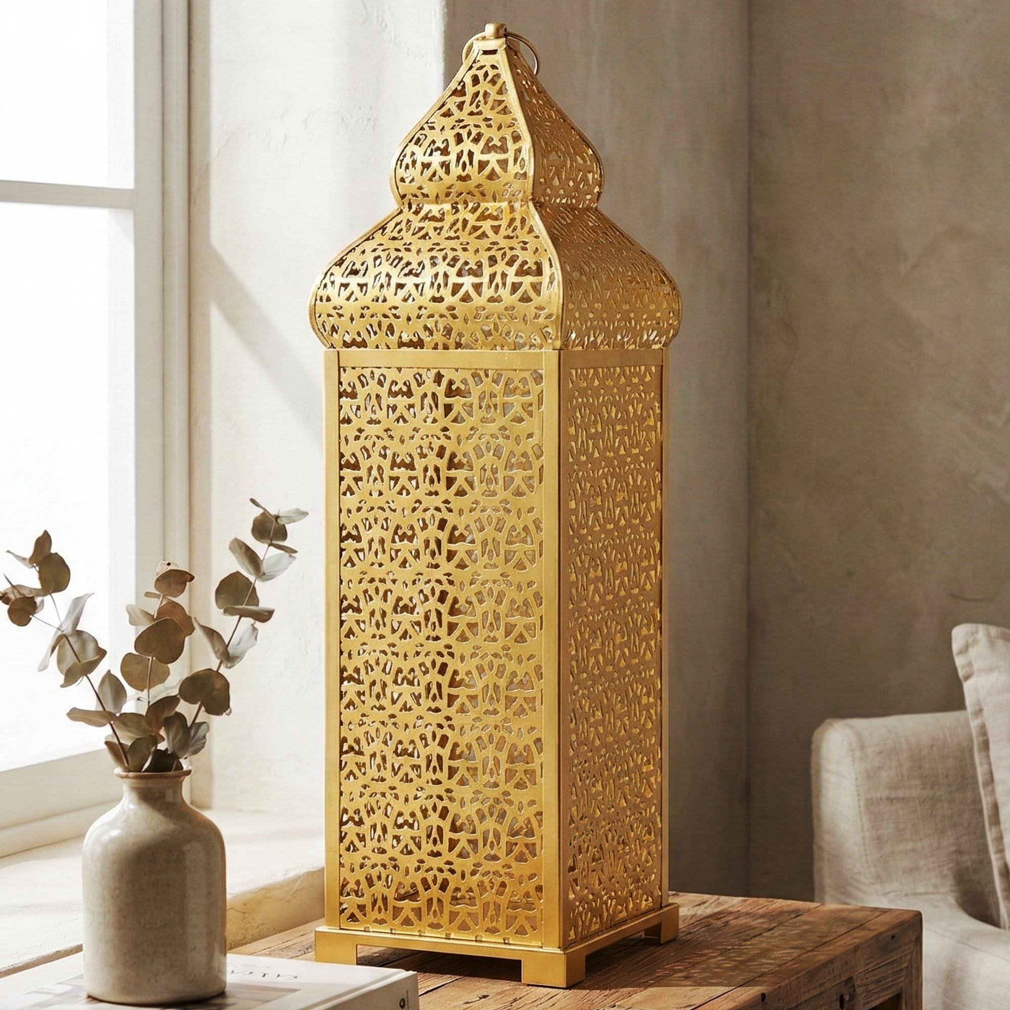 VELA LANTERNS Portavelas decorativo extragrande con templo dorado marroquí para decoraciones de Ramadán, colgar, patio al aire libre o porche, decoración interior del hogar, color dorado