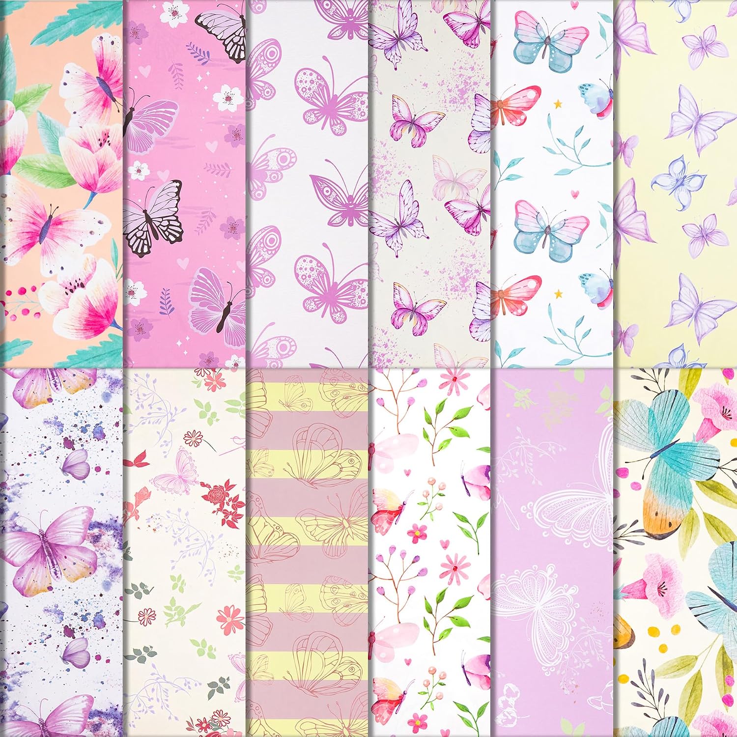 24 Butterfly Flowers Scrapbook Decorative Paper, 12x12 In