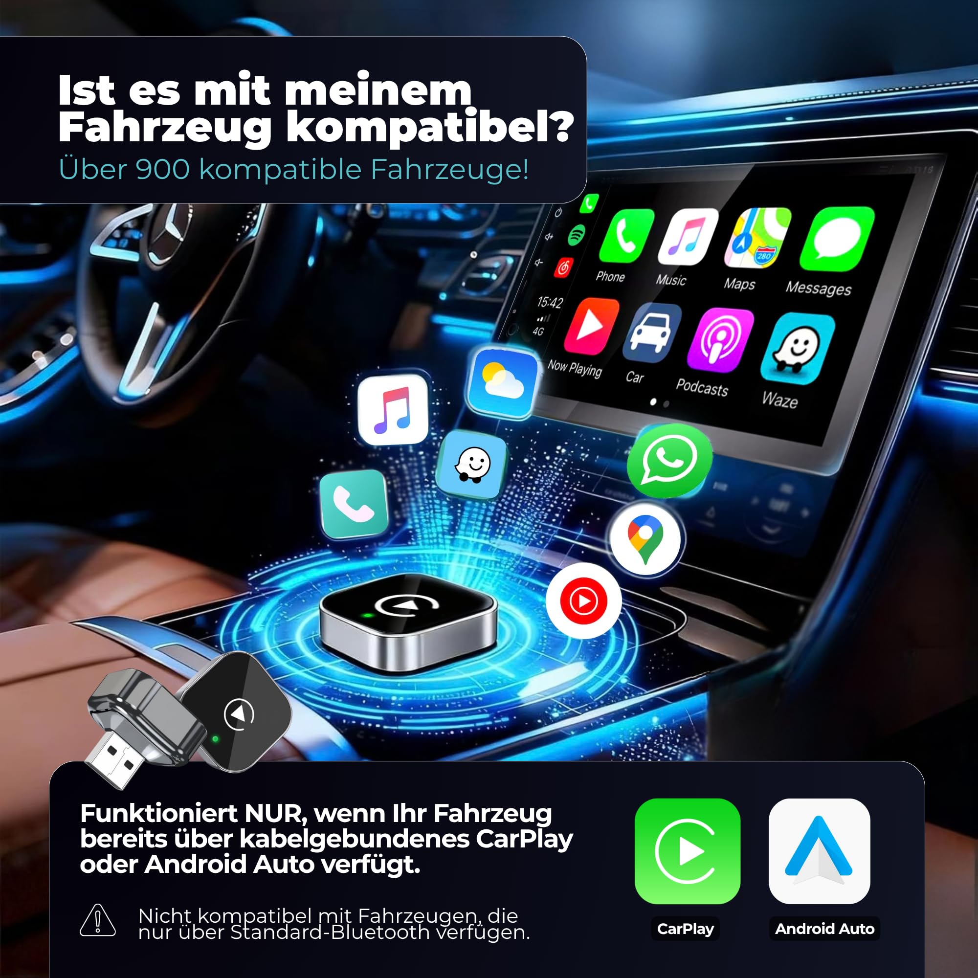 Carplay Wireless Adapter 2-in-1 Mini 2026, Android Auto Wireless Adapter, Plug & Play, schnelle Wiederverbindung ca. 3 s, USB-A/USB-C, 3 Zubehörteile für schwer erreichbare Anschlüsse