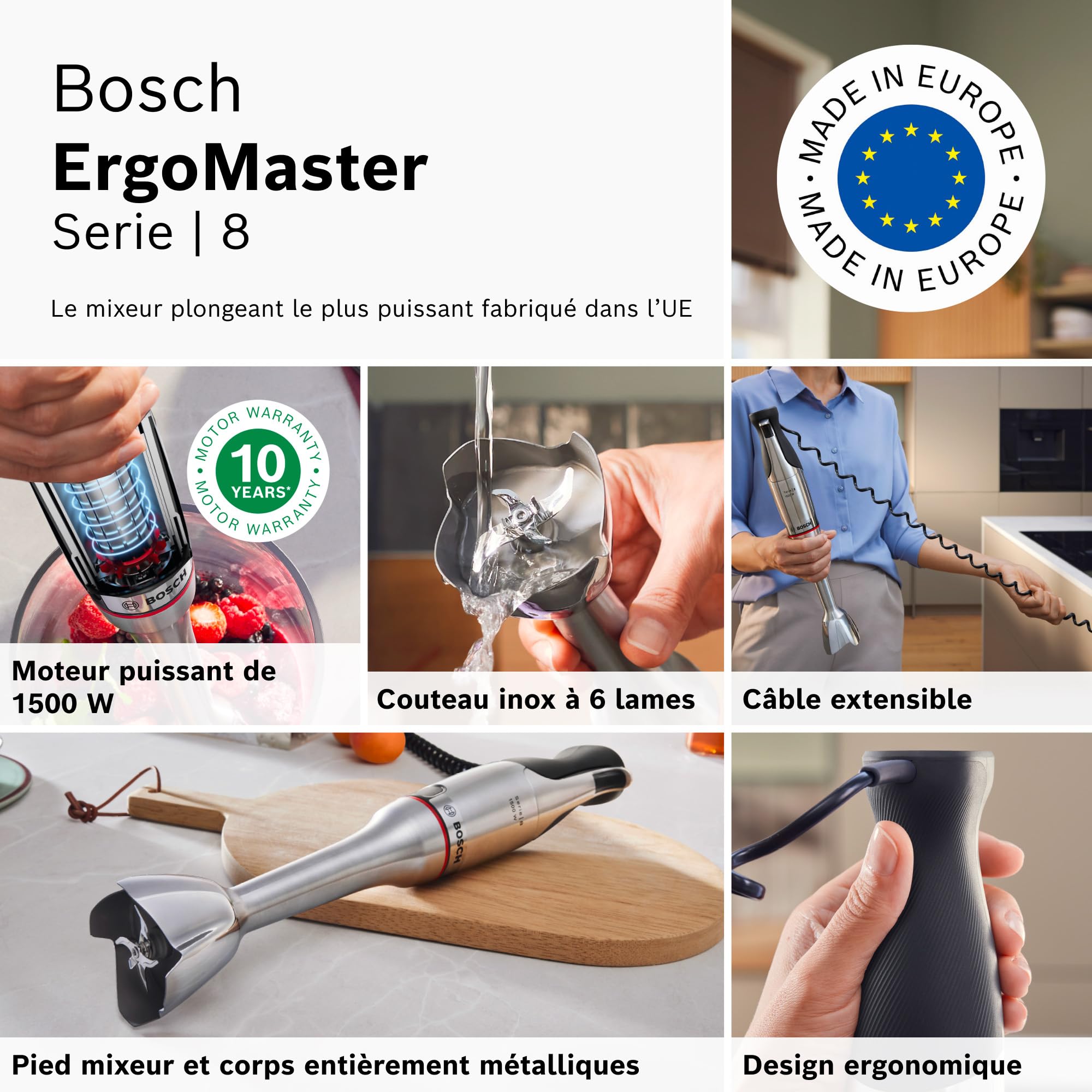 Bosch, mixeur plongeant, ErgoMaster Série 8, moteur 1500 W, réglage de vitesse intuitif, 6 lames, accessoires inclus, acier inoxydable, MSM8M930