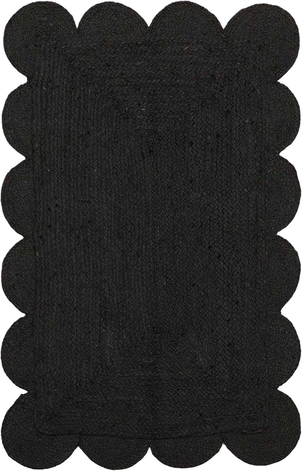 Scalloped Hand Braided Jute 2x3 Scallop Edge Solid Black Beige Pattern Natural Jute 0.27" Thick Handwoven Flatweave Carpet for Indoor Outdoor Use Kitchen Bedside Entryway