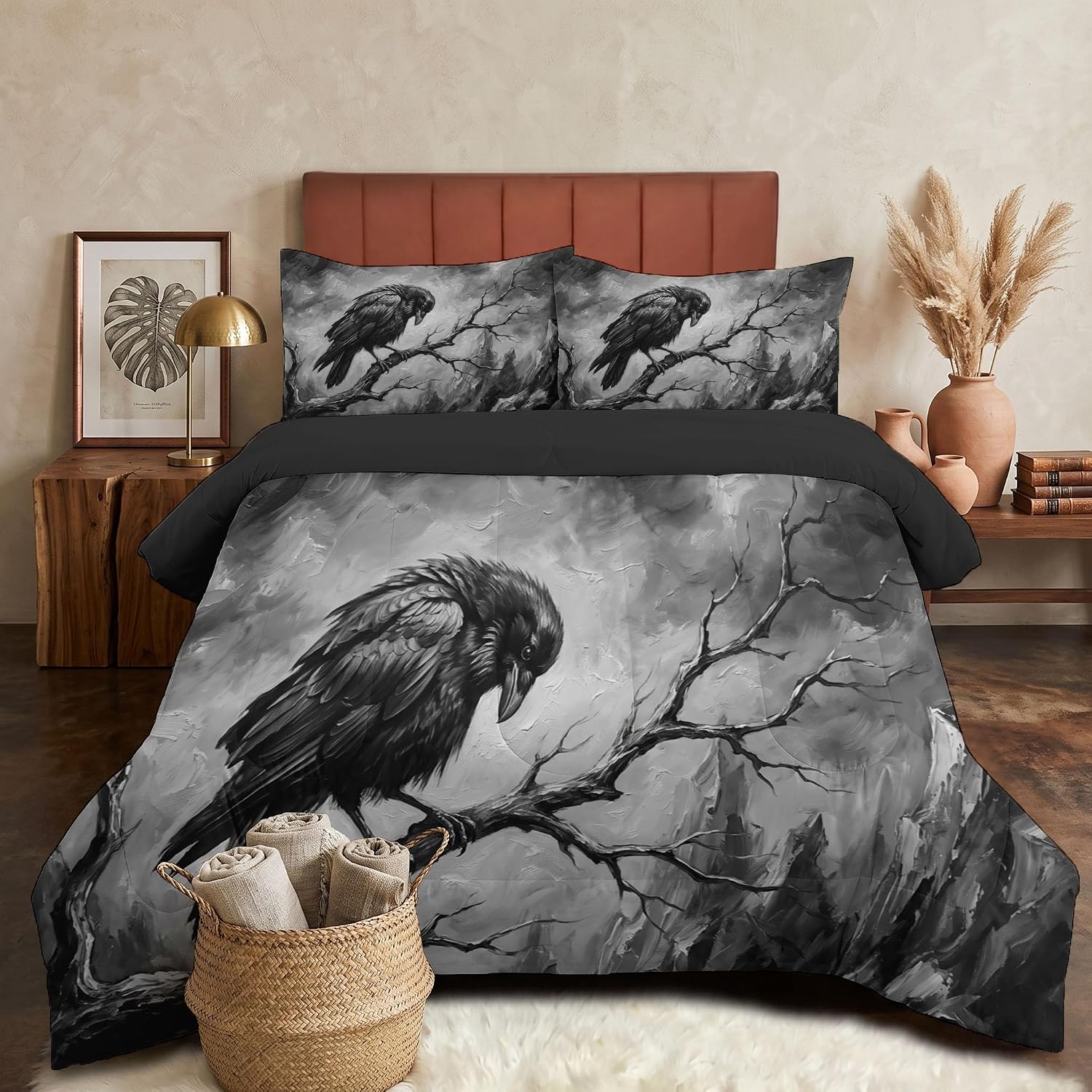 Realistic Animals Comforter Set Full Size, Crows and Withered Branches Print Breathable Bedding Set for Girls Boys Teens, Charcoal Black Quilt Duvet with 2 Pillow Cases