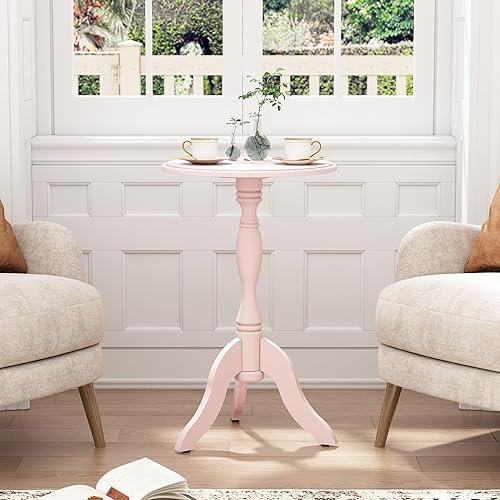 Miniatura 6 de HLR Mesa auxiliar redonda pequeña de madera, mesa auxiliar con pedestal, mesas de acento vintage, mesita de noche, mesa de centro para sala de