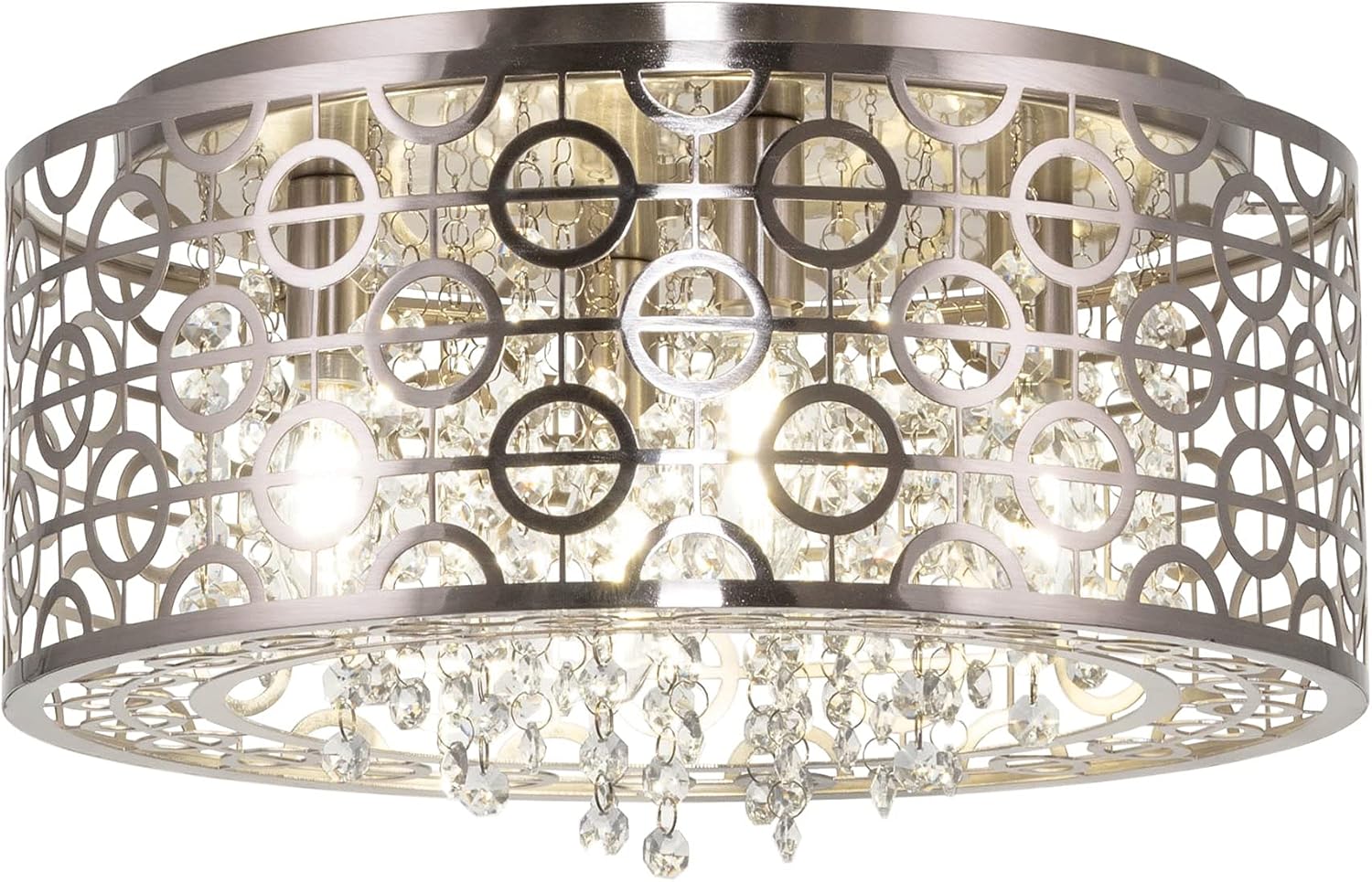 Kira Home Brielle 15" Modern Chic 4-Light Crystal Flush Mount Chandelier + Round Metal Shade, Dimmable, Brushed Nickel Finish