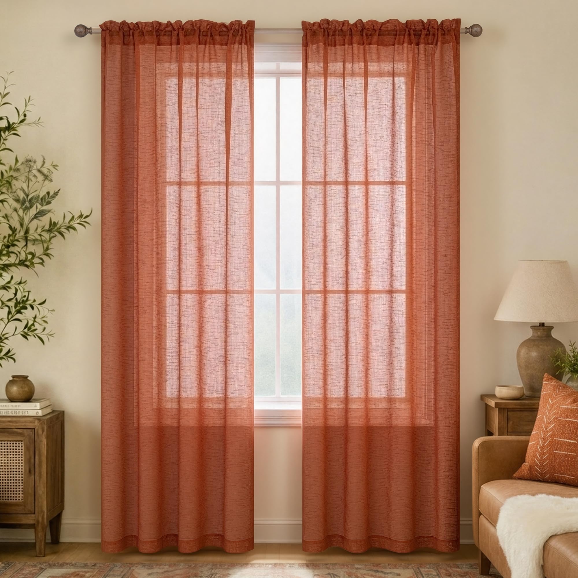 KOUFALL Burnt Orange Curtain Panels for Living Room Semi Sheer Boho Window Curtains for Bohemian Decorations Bedroom Decor 52x96 Inches Long Rust Brick Terracotta