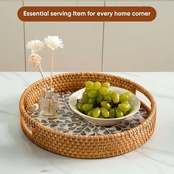 KOLWOVEN Round Rattan Tray with Handle, Rattan Serving Tray with Mother of Pearl Inlay Wooden Base (White- Black Leaves)