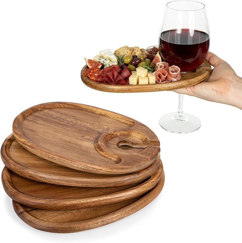 PICNIC TIME Platos de Aperitivo de Vino, Juego de 4 Platos de Cóctel de Madera con Soporte de Vidrio, Mini Tablas de Embutidos para Fiestas de Vino y Queso, Bandejas para Servir Tablas de Queso de Acacia (Ovaladas - Madera de Acacia)