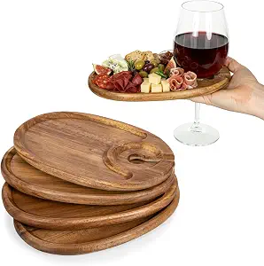 Picnic Time Wine Appetizer Plates, Set of 4 Wooden Cocktail Plates with Glass Holder, Mini Charcuterie Boards for Wine and Cheese Parties