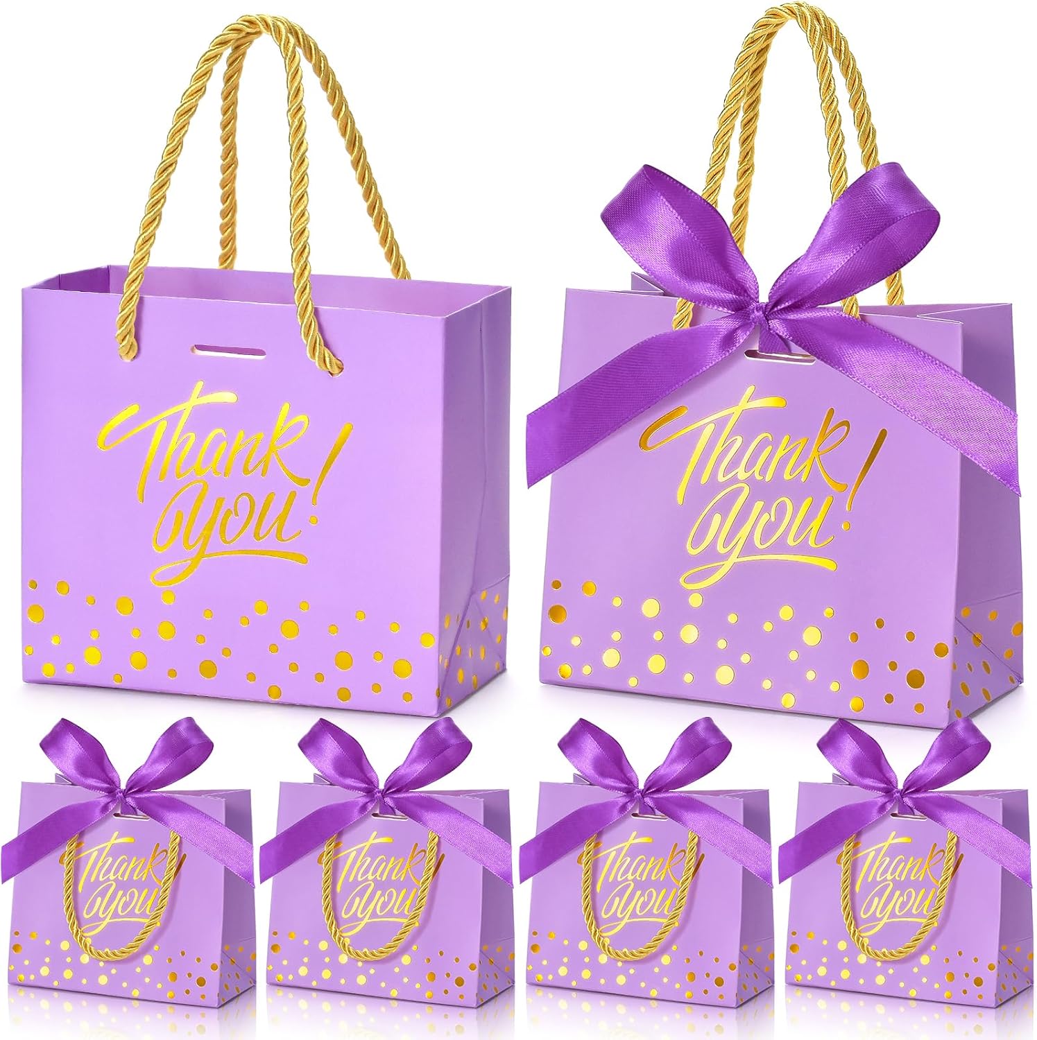 EQOREIIN Small Thank You Gift Bags 50pcs 5.5x2.5x4.7 Inches Mini Gift Bags with Handles Bow Ribbon Tiny Paper Bag for Party Favor, Mother's Day，Valentine's Day, Wedding, Baby Shower (Purple)