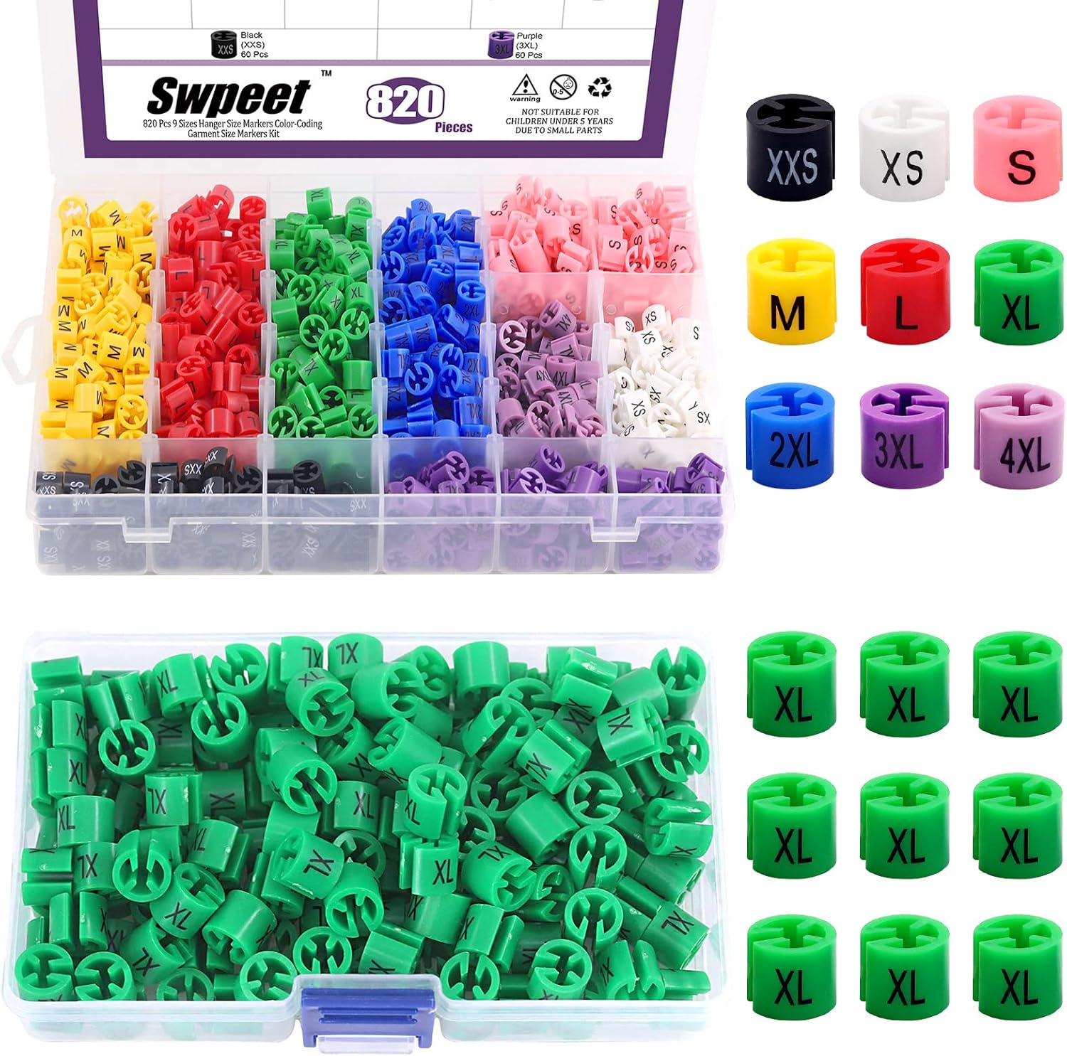 Swpeet 820Pcs 9 Common Sizes Plastic Hanger Size Markers Assortment Kit and 150Pcs Green【 Sizes XL 】 Plastic Clothes Hanger Size Markers