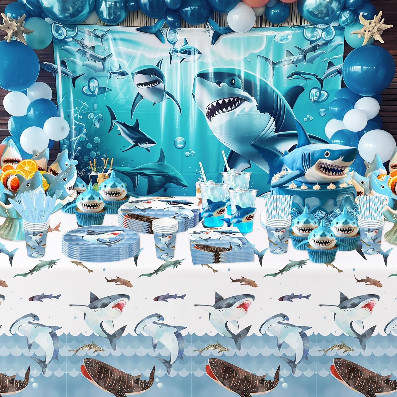Shark Birthday Plates And Napkins Party Supplies - Ocean Under The Sea Shark Birthday Decorations Tableware, Paper Plate, Cup, Napkin, Disposable Fork, Serves 24 (Pack of 2)