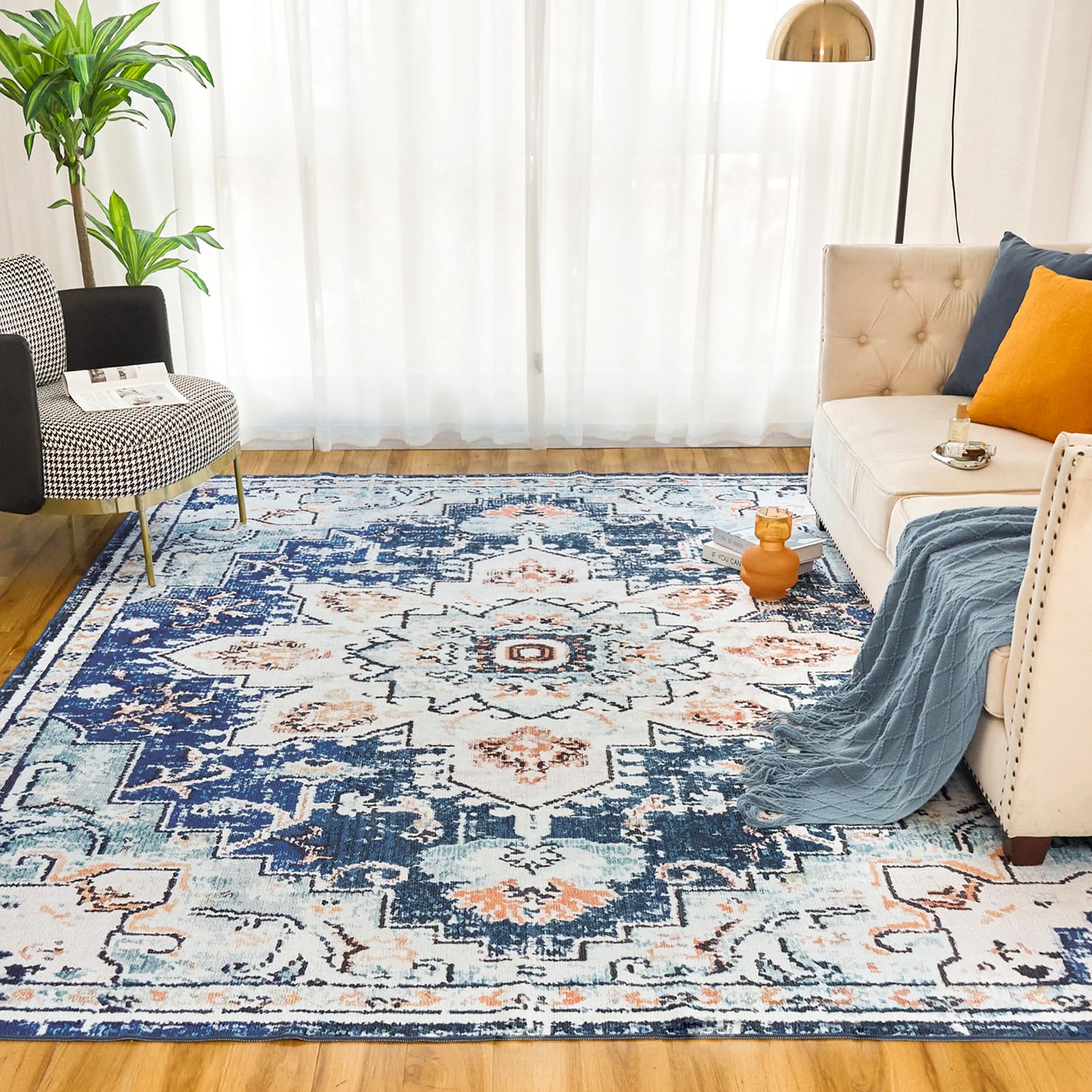 Vintage Area Rug Washable Rug 8'x10', Lightweight Living Room Rug Low Pile Machine Washable Rug, Stain Resistant Large Boho Rug Non-Slip Vintage Throw Rug Thin Rug for Bedroom Dining Room