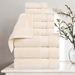 Superior Belmont Zero Twist Cotton Medium Weight Towels, for Guest Bath, Bathroom, Shower, Spa, Plush, Quick Dry, Ultra-Soft Towels, Bath Essentials, Thick Border, 9 Piece Assorted Towel Set, Ivory