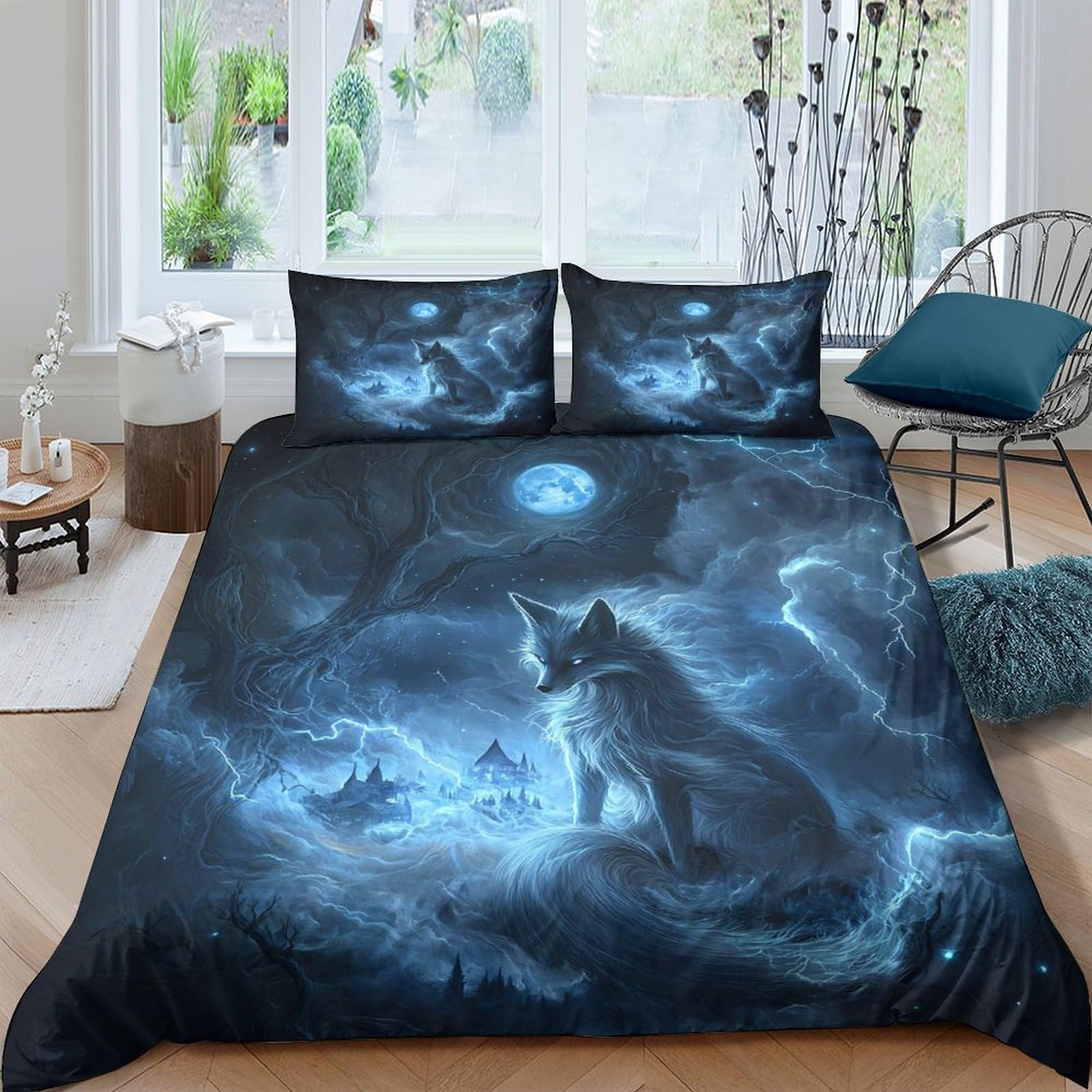 Ctjqhvkz Style-3 3D Printed Moonlit Wolf Fitted Sheet Microfiber Soft Black Forest Bed Cover For Bedroom Dorm Mattress Decor Single（135X200cm）