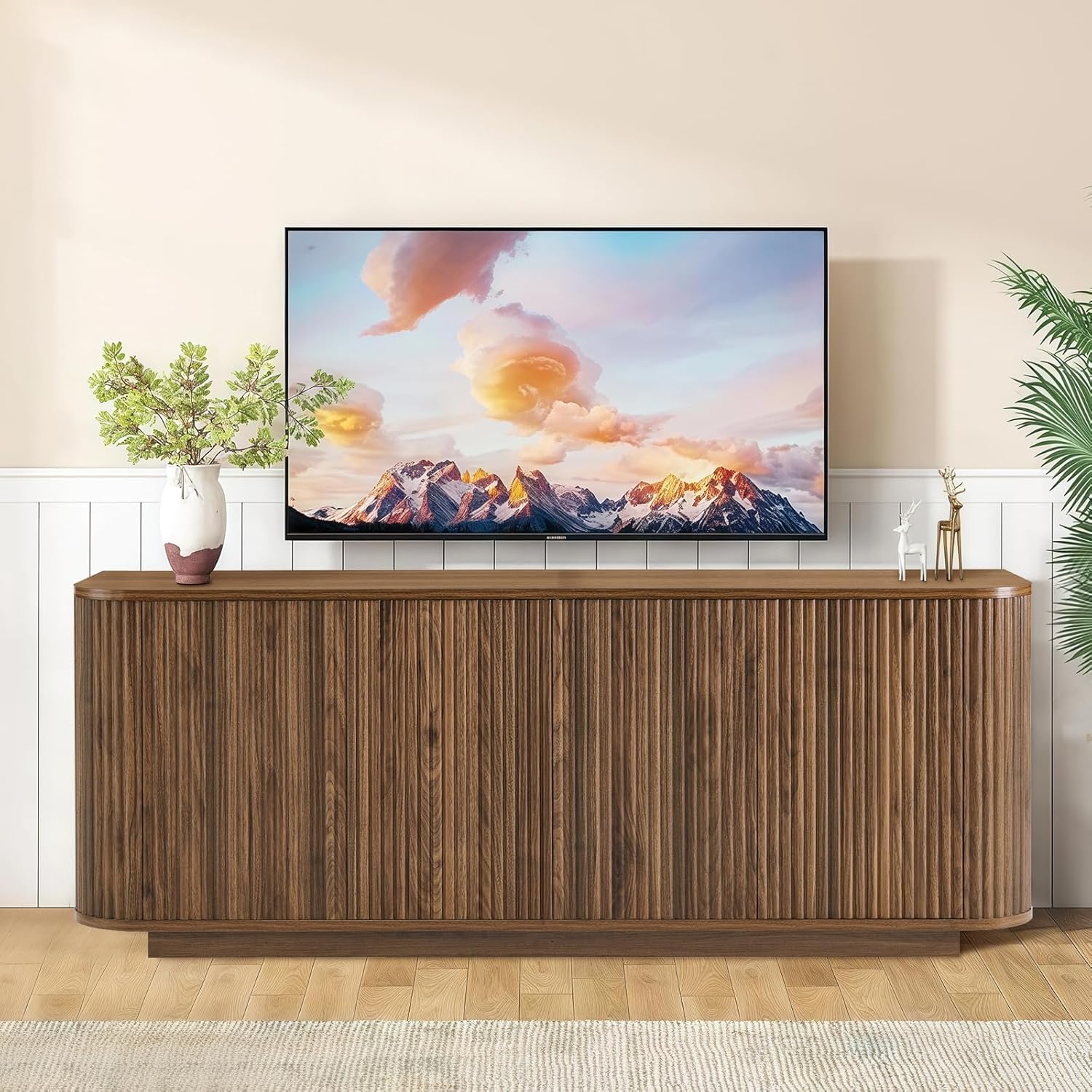 64" Fluted TV Stand for TVs up to 74 Inch, Modern Entertainment Center TV Console Media Console Credenza Table with Adjustable Shelves Pressed Spring for Living Room, Walnut - Image 3