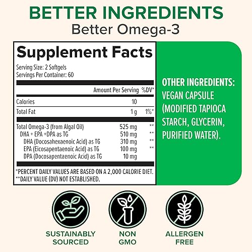 Miniatura 9 de Suplemento vegano Omega 3  Fuente alternativa de aceite de pescado para ácidos grasos EPA y DHA  para apoyo articular y sistema inmunológico
