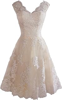 Short Lace Wedding Dresses Knee Length Travel Tulle Rhinestones V-Neck L...