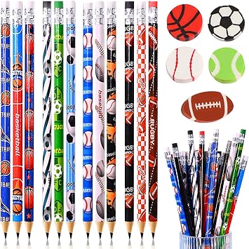 63 pcs Sports Pencils with Sports Ball Erasers, 48 pcs Funny Cute Wooden Pencils HB Drawing Pencil with 15 pcs Erasers for Sport Party School Stationery Reward Teacher Office Supplies