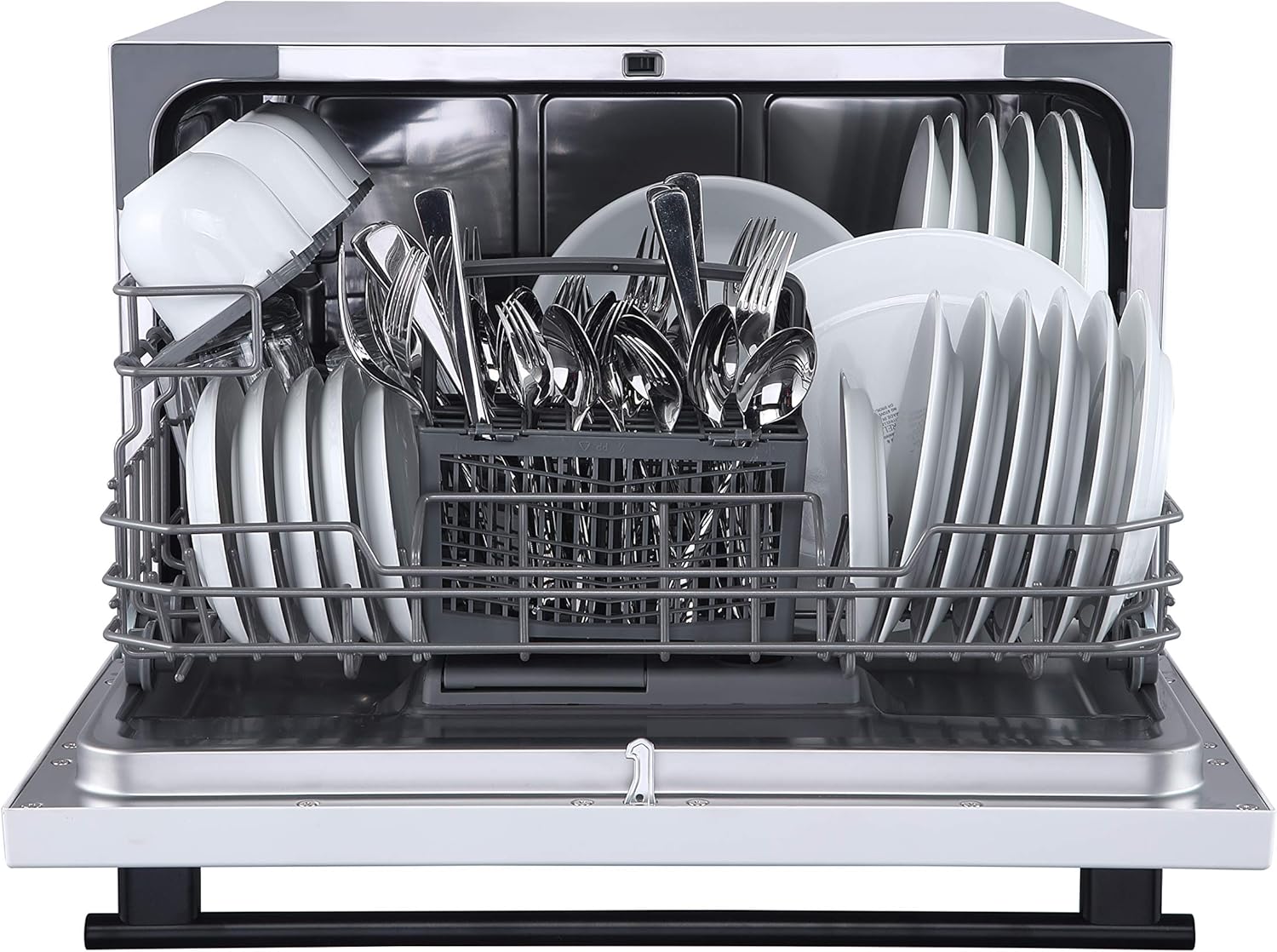 Interior of the Farberware Countertop Dishwasher loaded with dishes