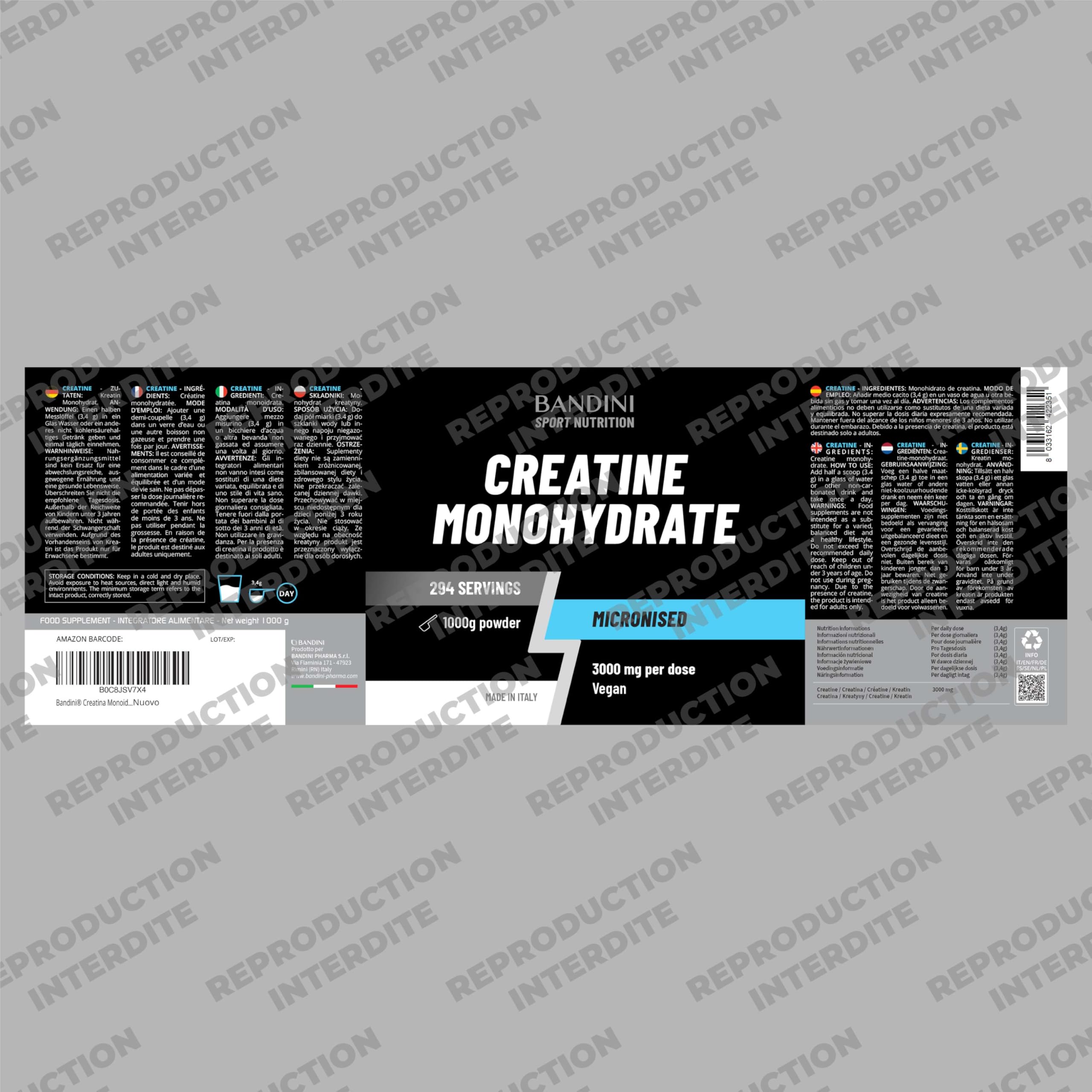 Bandini® Créatine Monohydrate Poudre 1 kg 100% Pure pour l‘Entraînement de Force | Creatine Micronisée 1kg Haut dosage Sport & Fitness | Pre Workout Puissant | 292 Portions | Micronized Vegan Powder