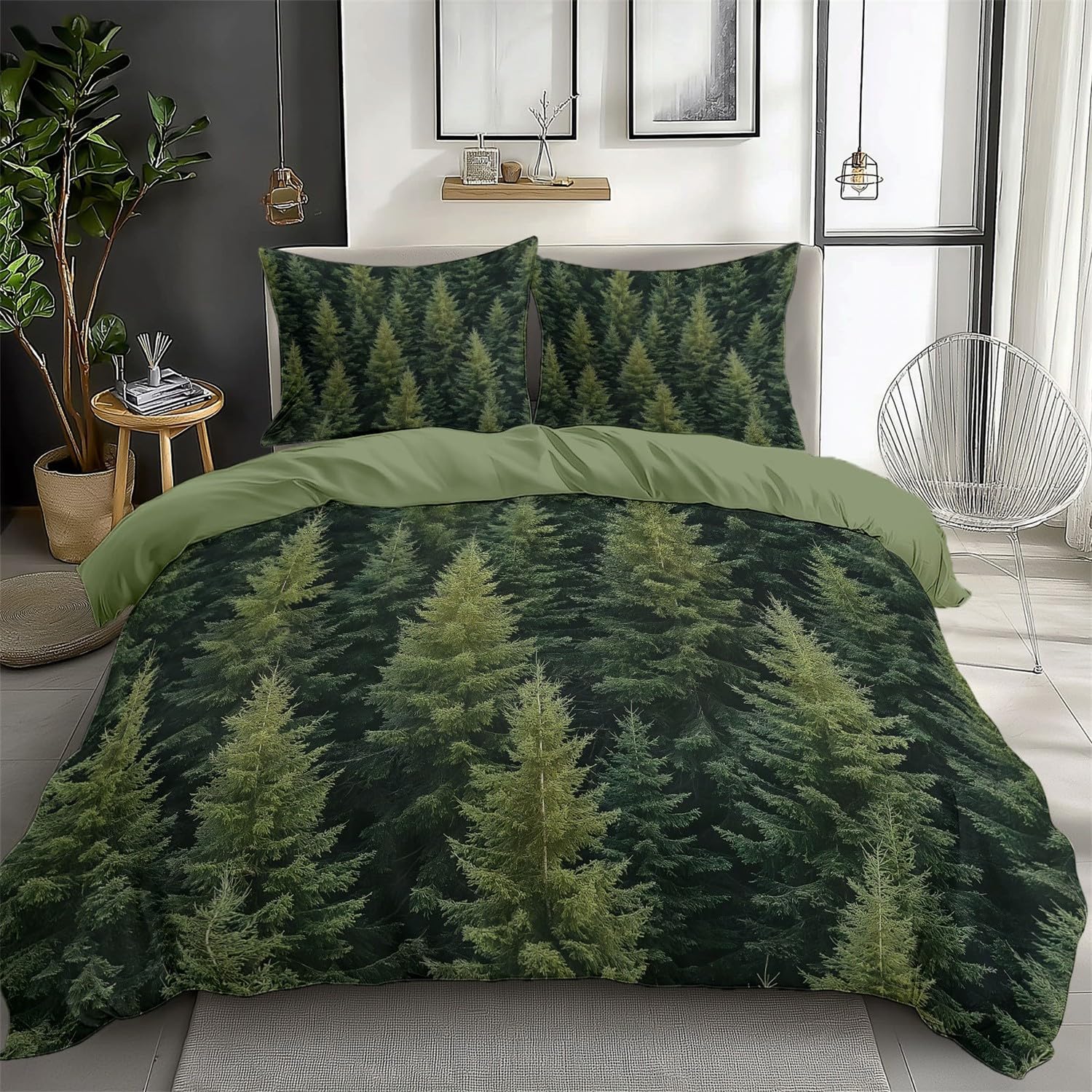 3-częściowy komplet pościeli 140 x 200 cm, dla roślin, dżungli, sosny, 100% mikrofibry, miękka, dla dzieci, chłopców i dorosłych, zestaw pościeli z 2 poszewkami na poduszki, kolor zielony