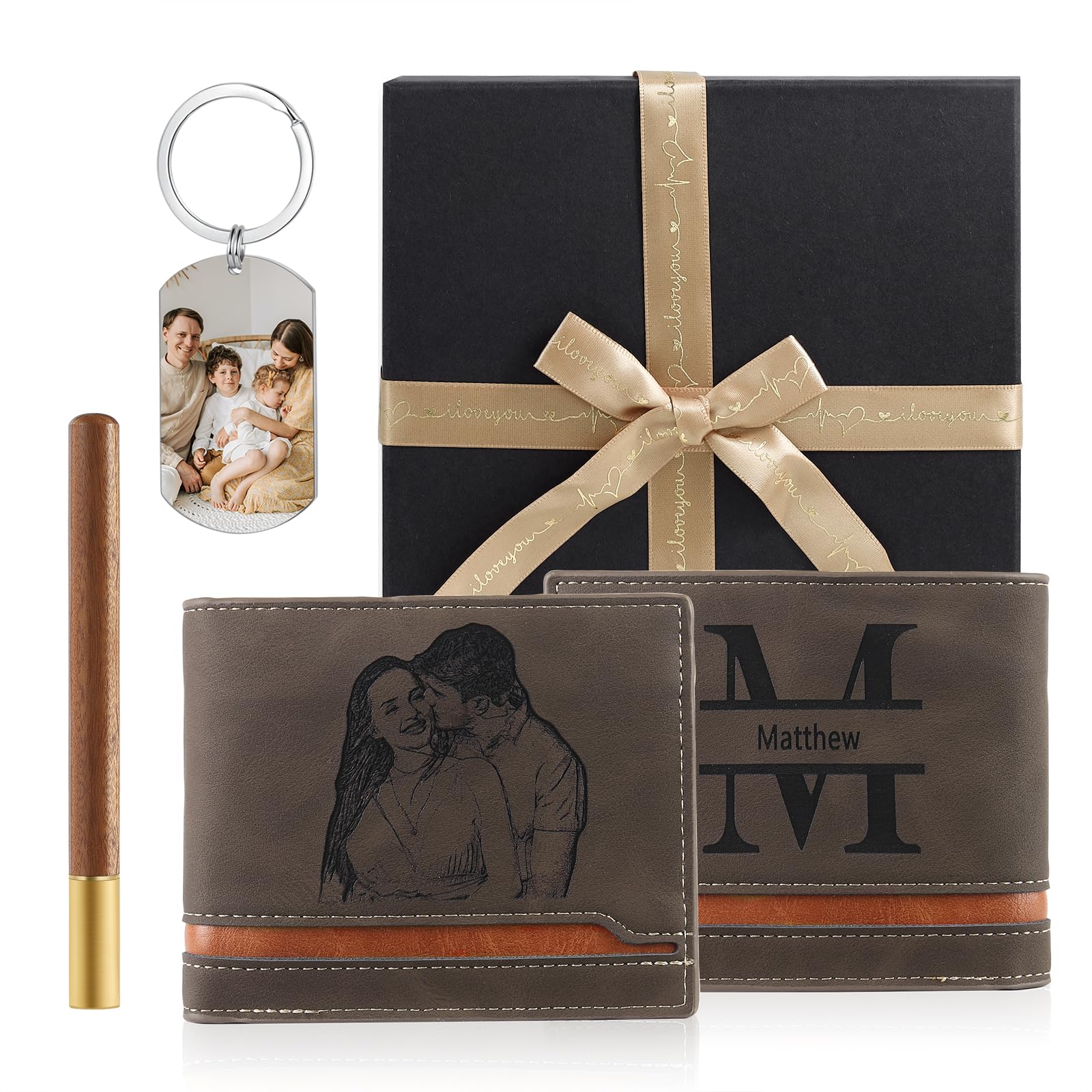 JewelOra Personalized Gifts for Men Dad Custom Photo Wallets for Men Engraved Picture Mens Wallet & Keychain Gift Set for Fathers Day Christmas