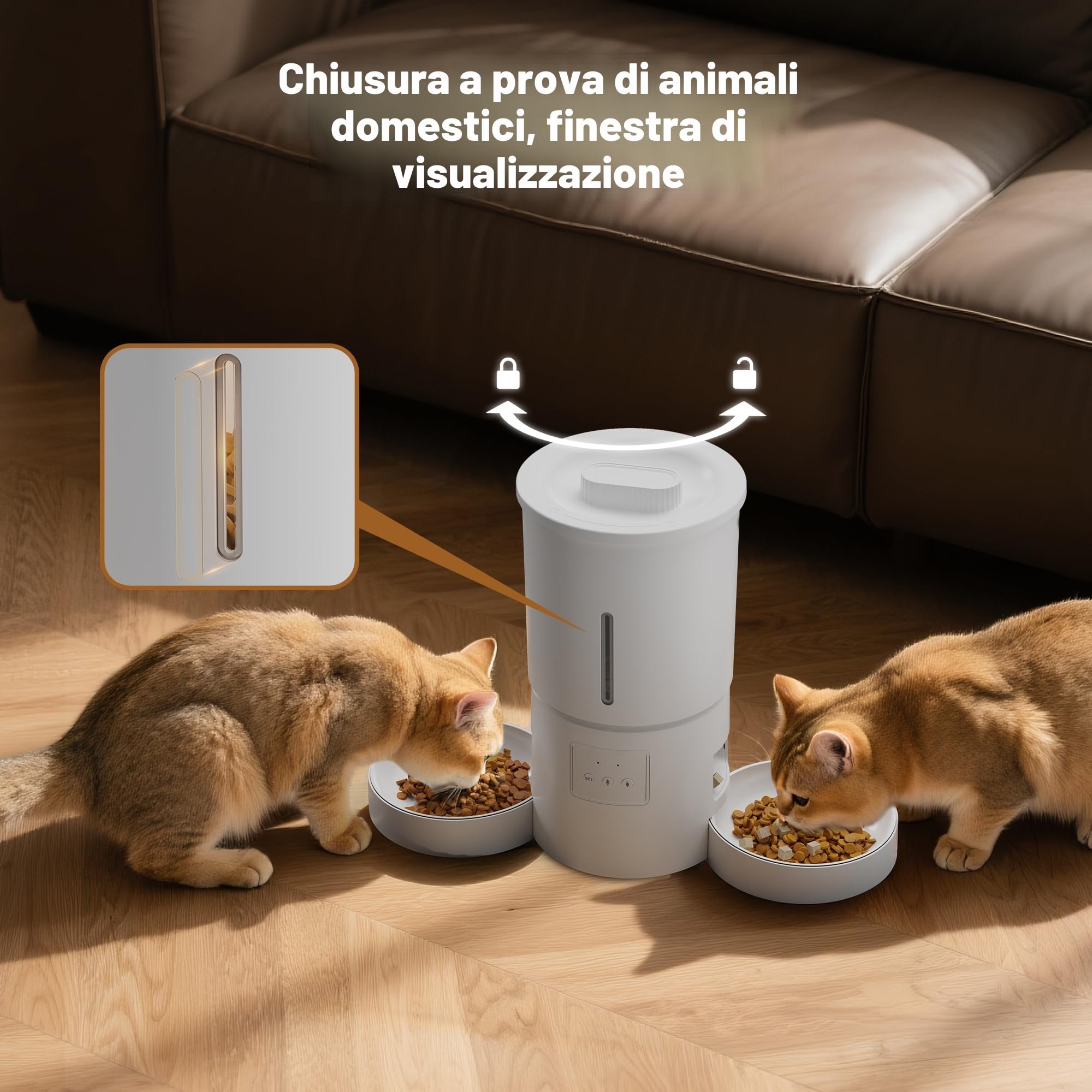 Distributore Automatico Cibo Gatti 2 Ciotole: 5L Distributore Automatico Cibo Cane con Timer WiFi 2.4G per Crocchette - Design Doppia Ciotola per Famiglie con Più Gatti & Cani - Bianco