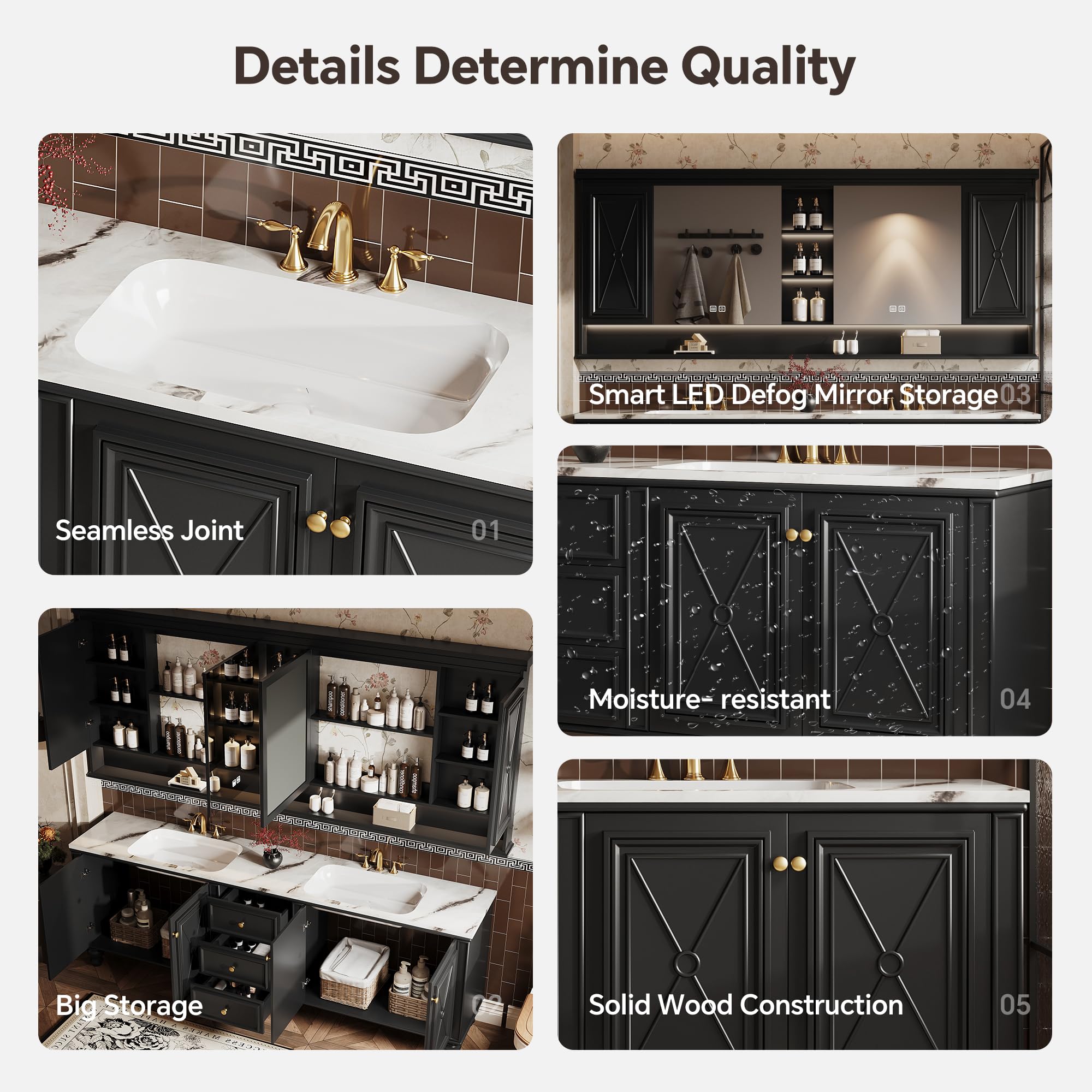 LuxuBathrooms - Mobile da bagno a doppio lavabo, con specchio a LED Smart Defog in legno massello, design moderno, elegante e salvaspazio, soluzione facile da pulire
