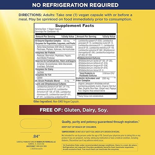 Miniatura 2 de Renew Life Ultimate Flora Enzimas Digestivas con probióticos y prebióticos  Formulado por médicos  45 cápsulas veganas  Alivia gases ocasionales,