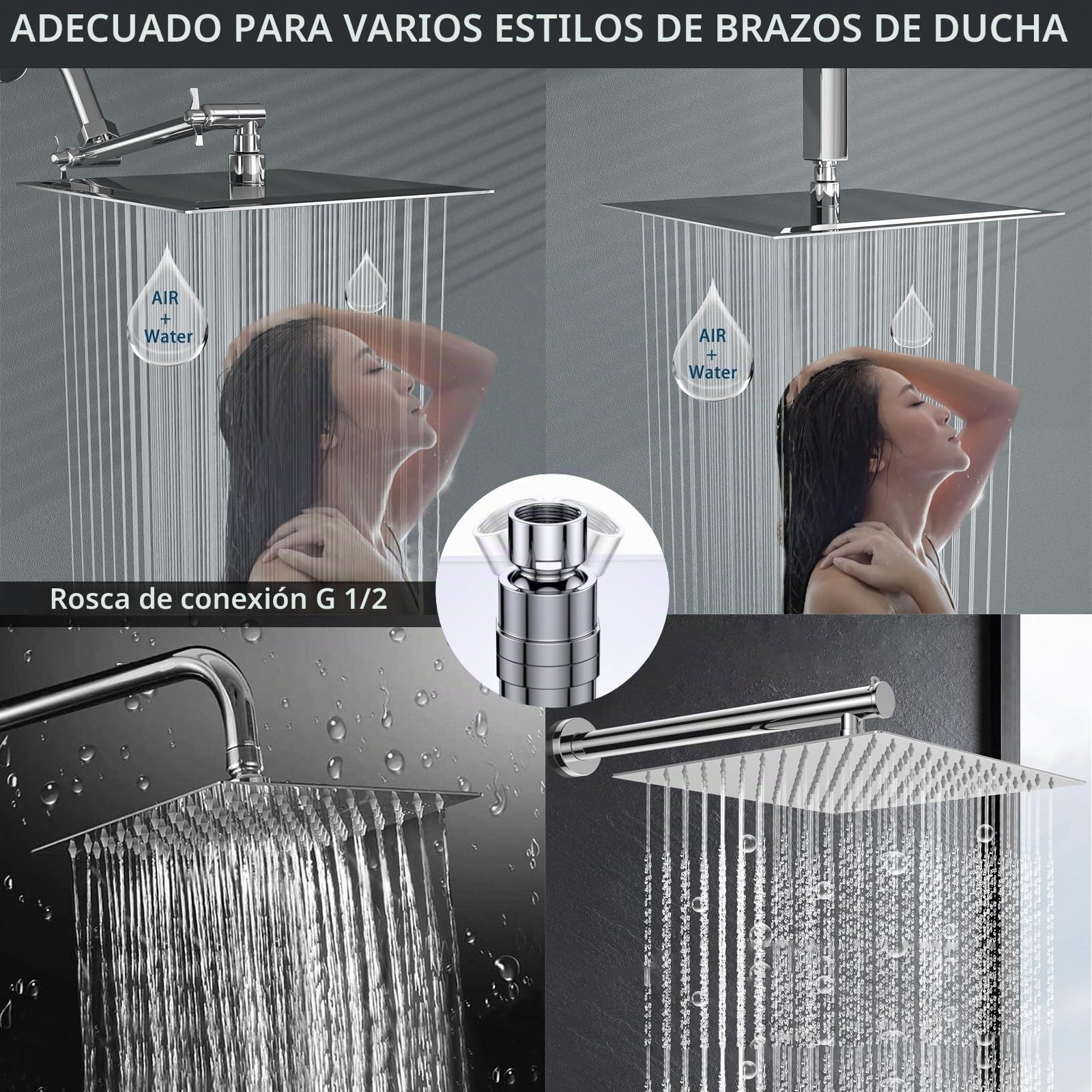 Cabezal de Ducha Tipo Lluvia, Cabezal de Ducha Tipo Lluvia Cuadrado de Acero Inoxidable de Alta Presión y Alto Caudal, Increíble Experiencia de Ducha Incluso con Poco Caudal de Agua (20cm, Cromo)