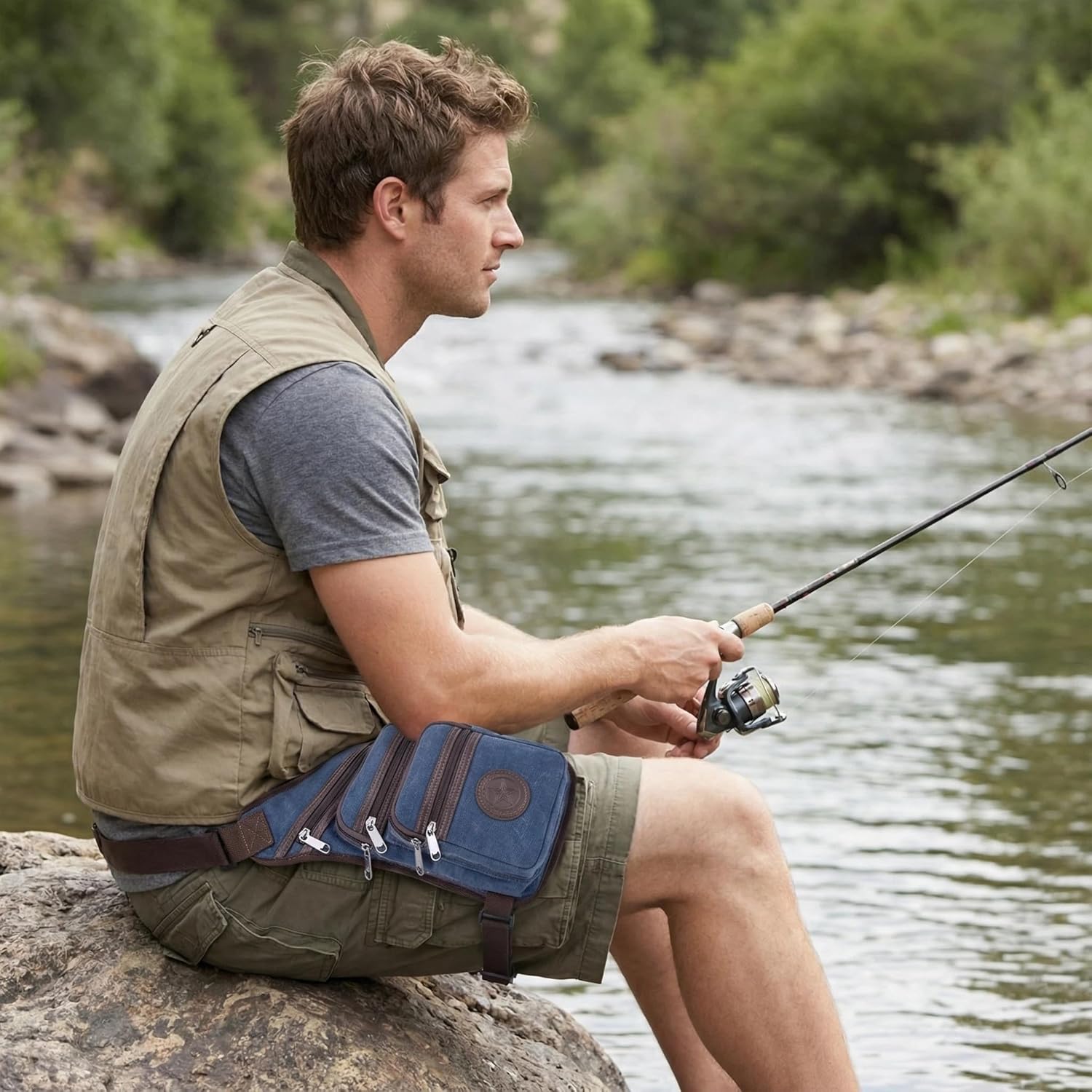 Waterproof Canvas Drop Leg Bag, Multi-Pocket Thigh Bag for Men and Women, 7x2.4x11.8 Inch, for Hiking, Cycling, Motorcycling, Fishing (Dark Blue)
