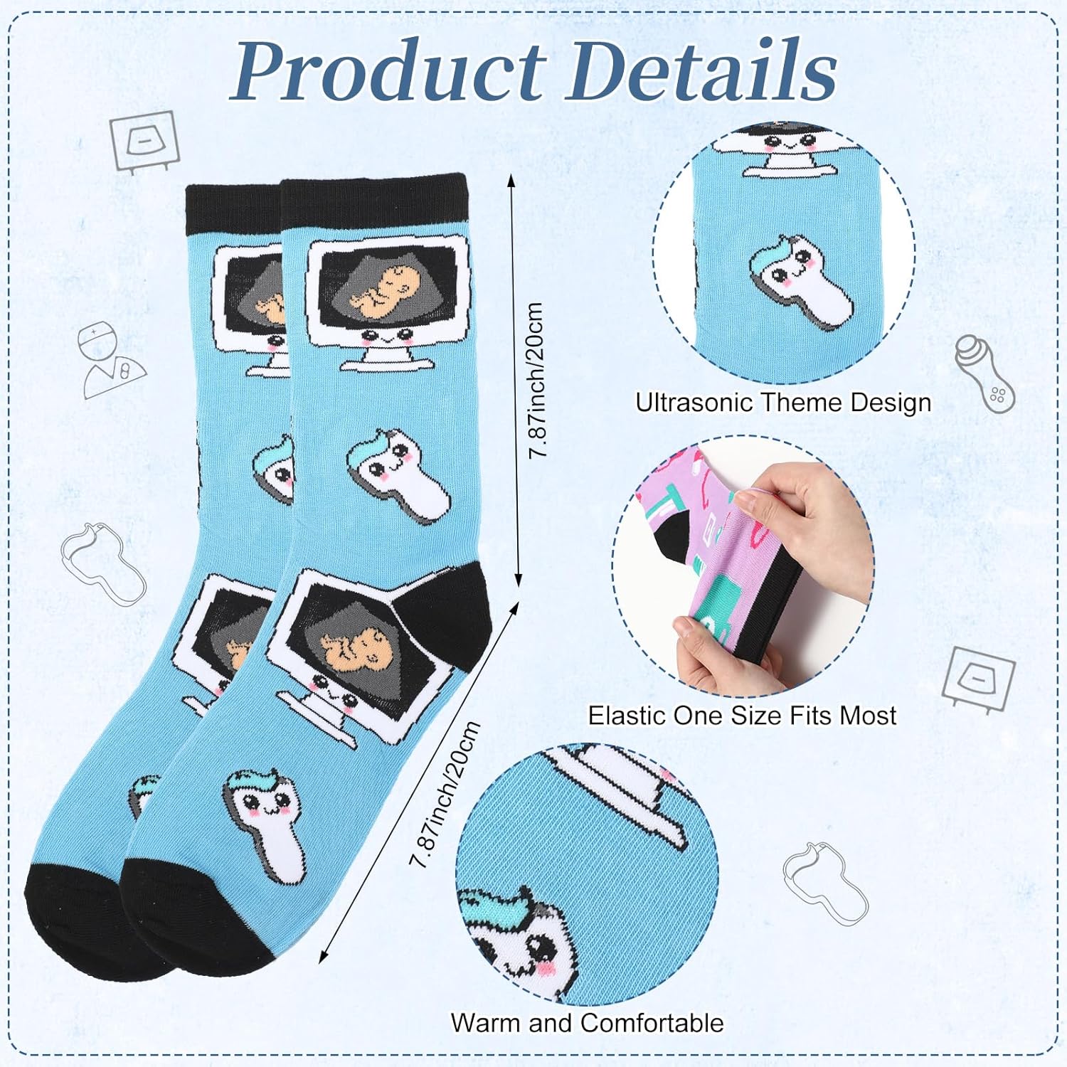 Glitopper 12 Pairs Sonographer Socks Set Fun Ultrasound Tech Gift with Fun Medical Theme Designs Stretchy Socks for Radiology Nurses Doctors Medical Professionals
