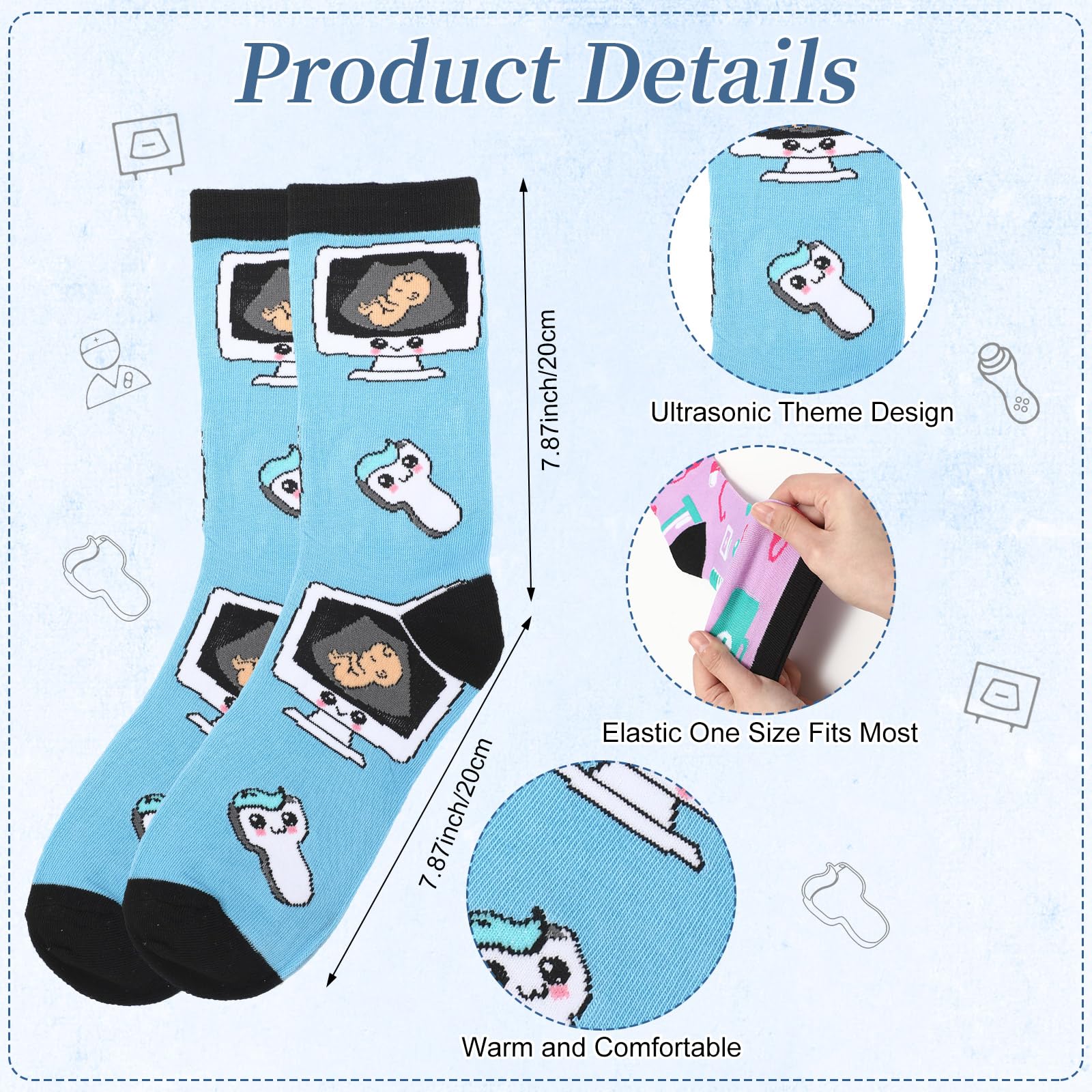Glitopper 12 Pairs Sonographer Socks Set Fun Ultrasound Tech Gift with Fun Medical Theme Designs Stretchy Socks for Radiology Nurses Doctors Medical Professionals