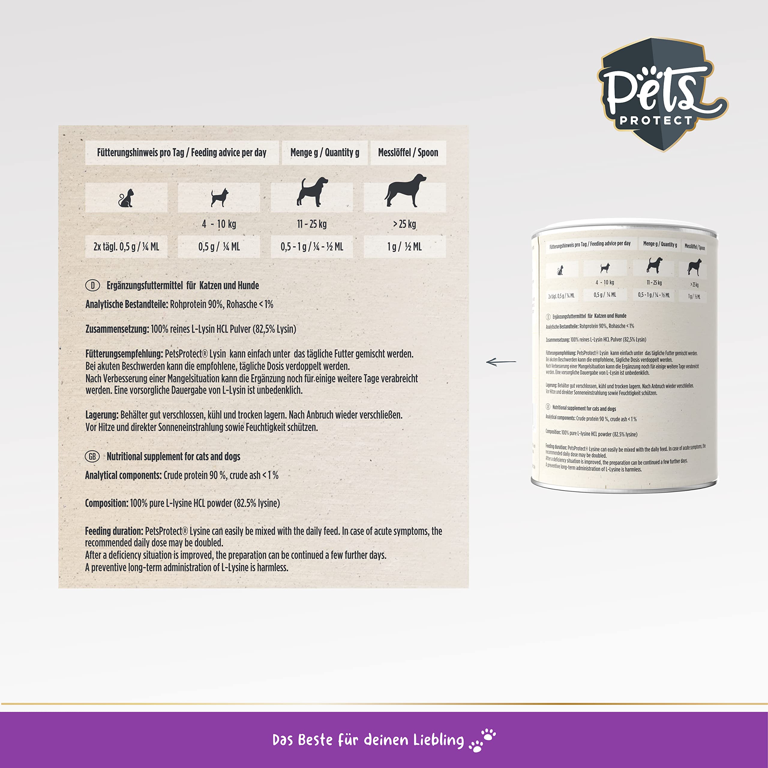Pets PROTECT Lysine 100% Pur pour Chats & Chiens | Poudre 150 g | Fabriqué en Allemagne | pour Prévenir & Soutenir Le Système Immunitaire | Contre Le Coryza du Chat | sans Additifs Artificiels