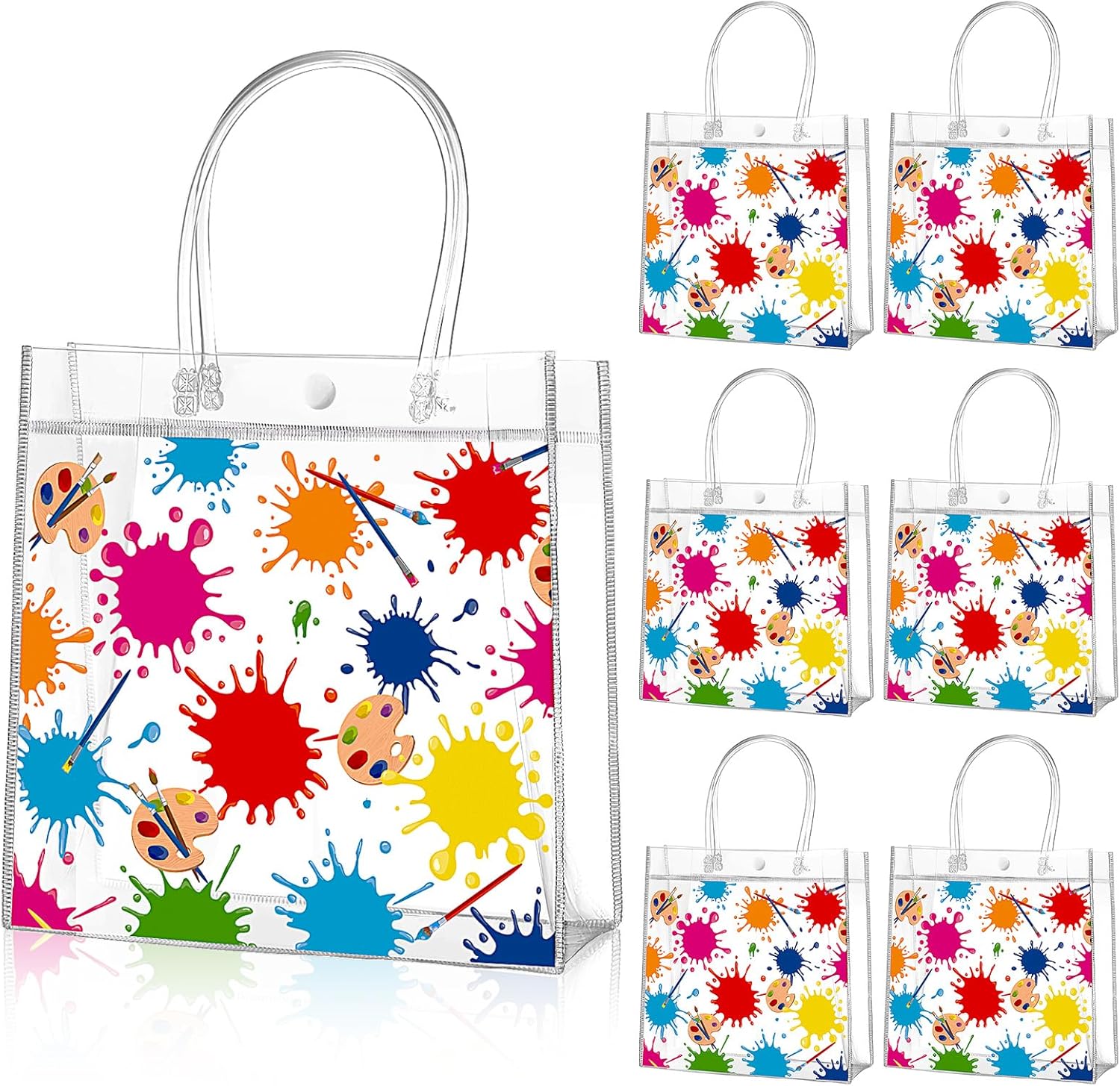 Aliceset 20 Pcs Paint Splatter Party Clear Treat Bag with Handles Painting Party Favor Bags Art Themed Goodies for Birthday Paint Splatter Decoration Candy Snack Baby Shower Supplies, 8x8x3.15 Inch